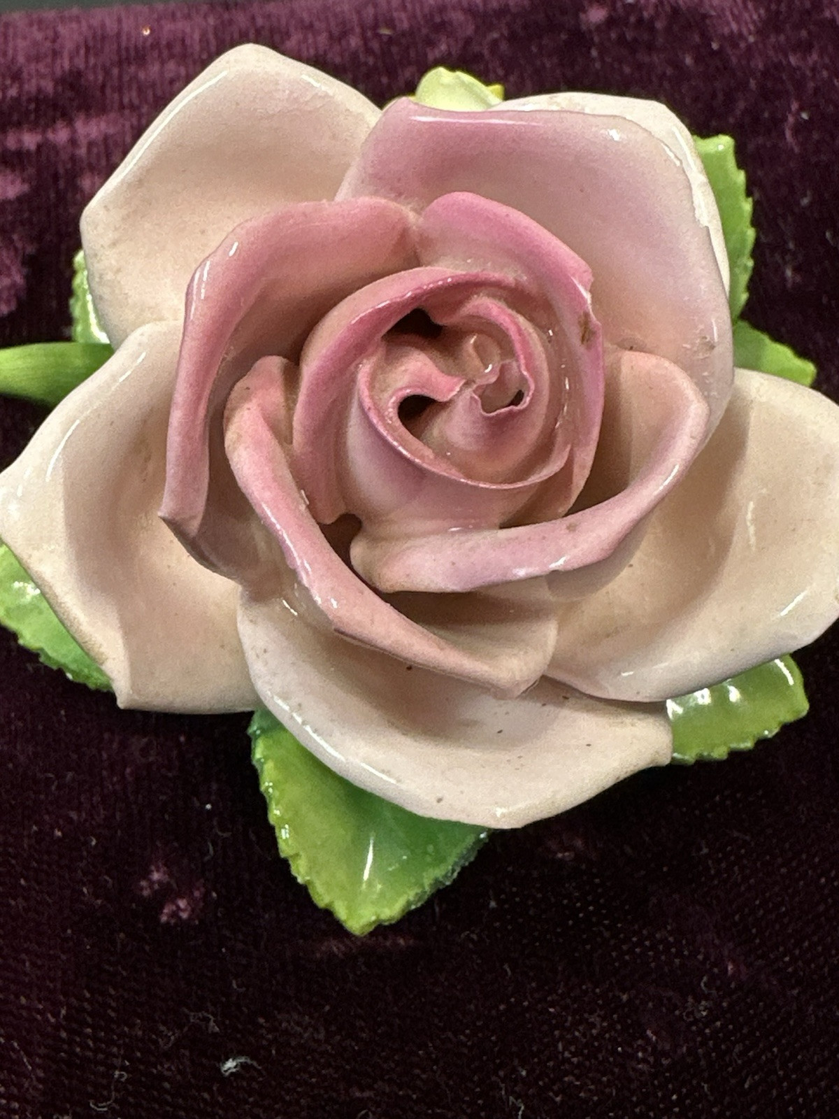 Vintage Handarbeit KSK Porcelain Pink Rose/Yellow Rose Bud/Green Leaves