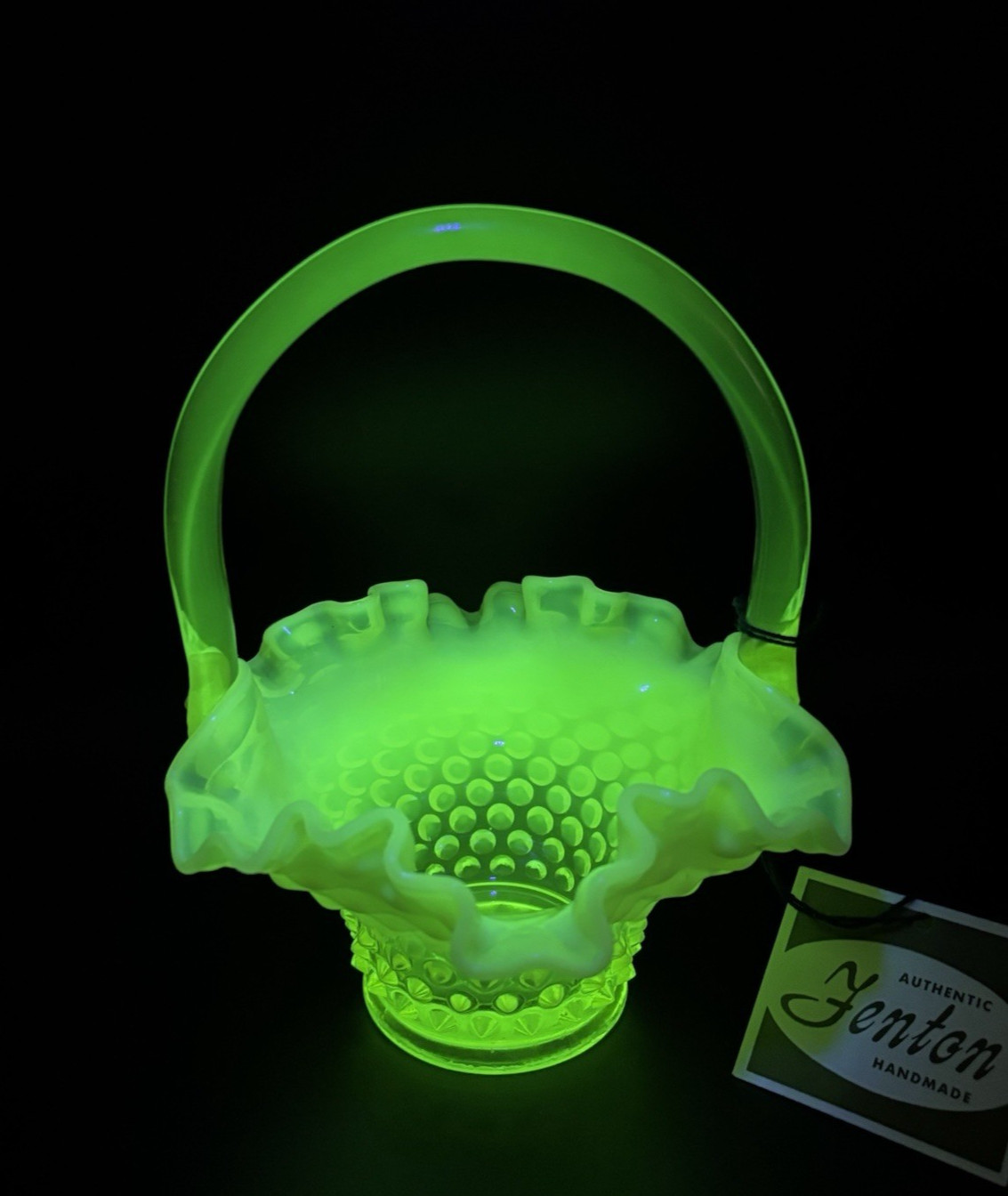 Fenton Uranium Glass Yellow / Topaz Hobnail Opalescent 7″ Basket with Hang Tag