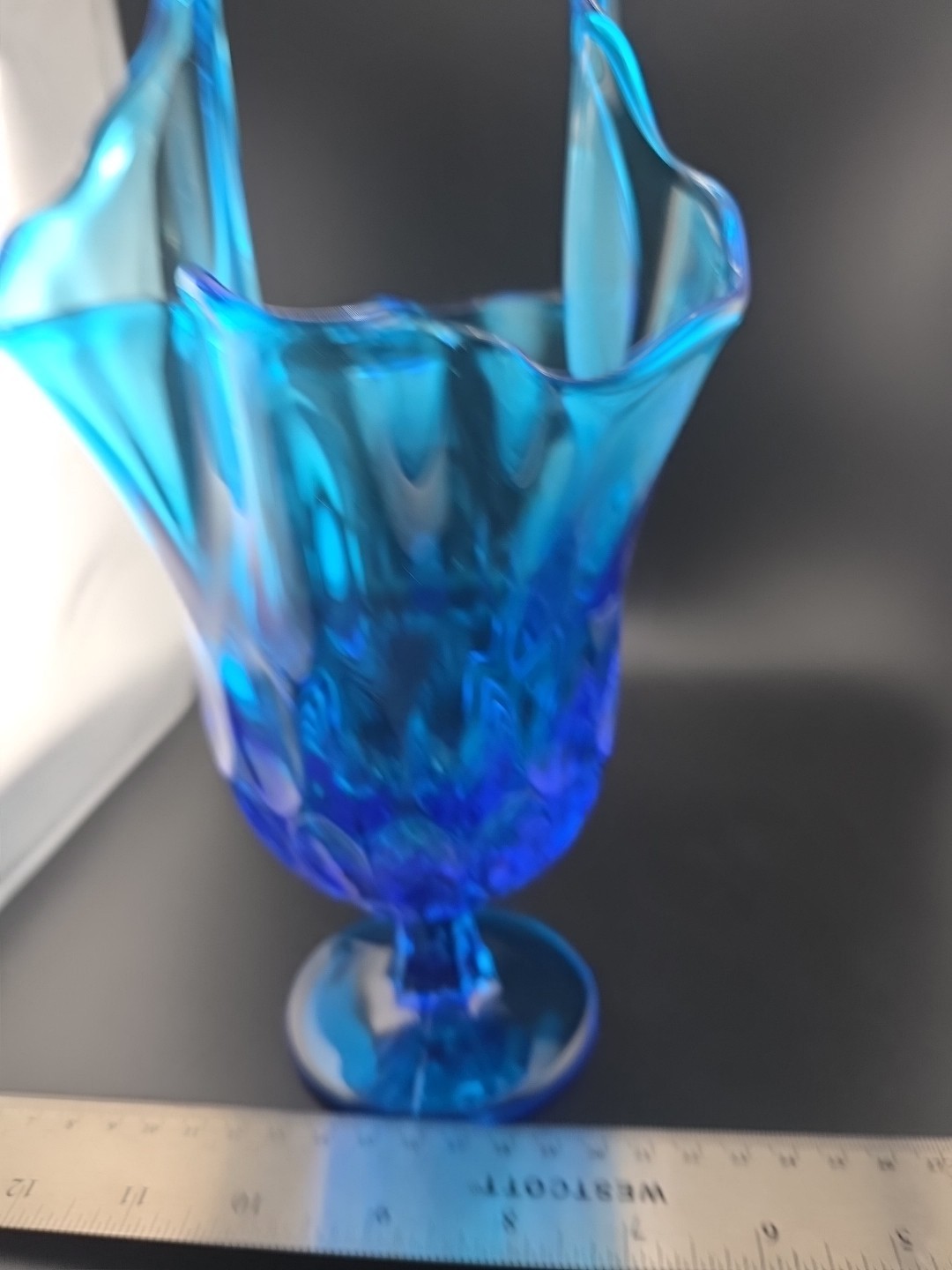 Vtg Fenton Vase Colonial Blue Sapphire Hankerchief Thumbprint Design 10 Inch Tal