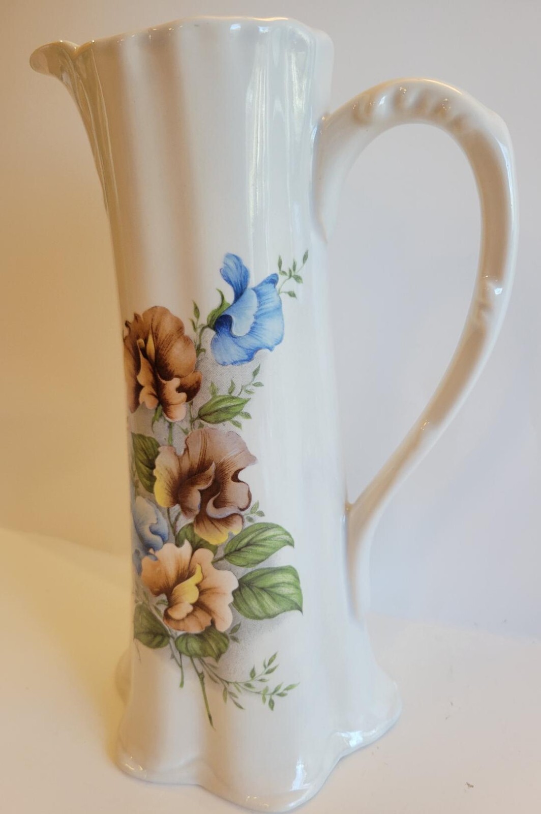 Vintage Cramer Mold #71 PITCHER w/ handpainted flowers. 9.5 inches tall