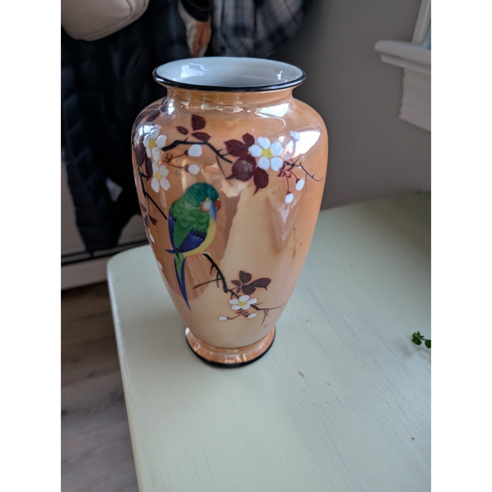 Lusterware Vase w/ Parrot 8 3/4″, Marked Japan