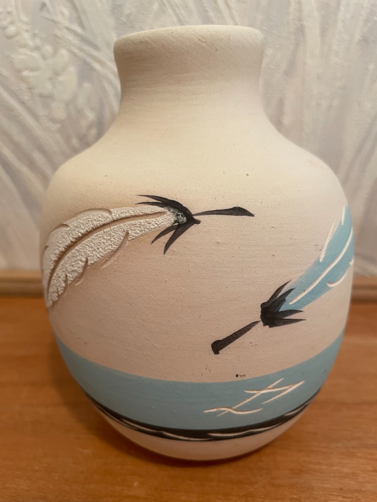 Native American Pottery Vase Blue and White Feathers Signed Artist Free Ship