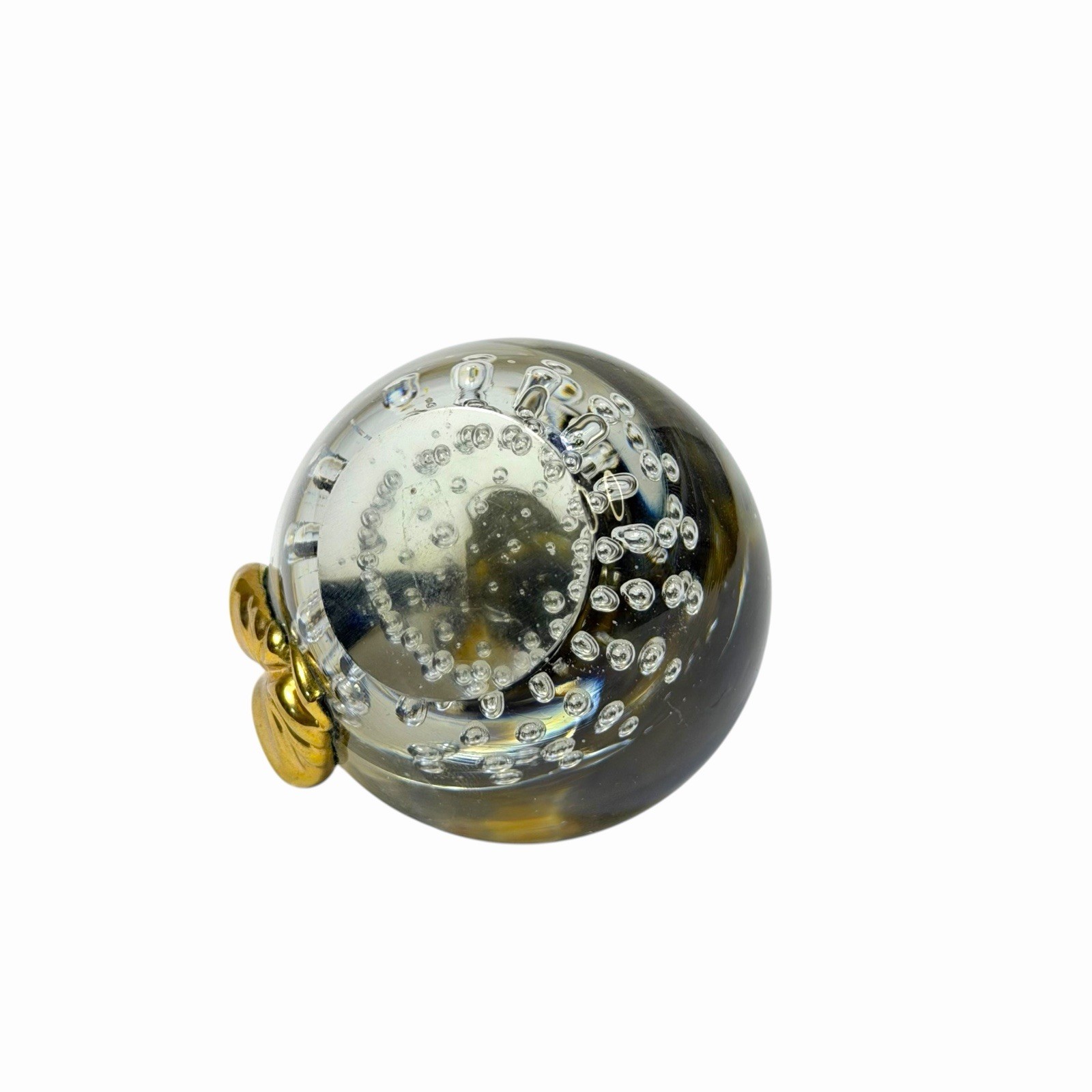 Vintage Art Glass Apple Paperweight with Controlled Bubble Clear Gold Stem