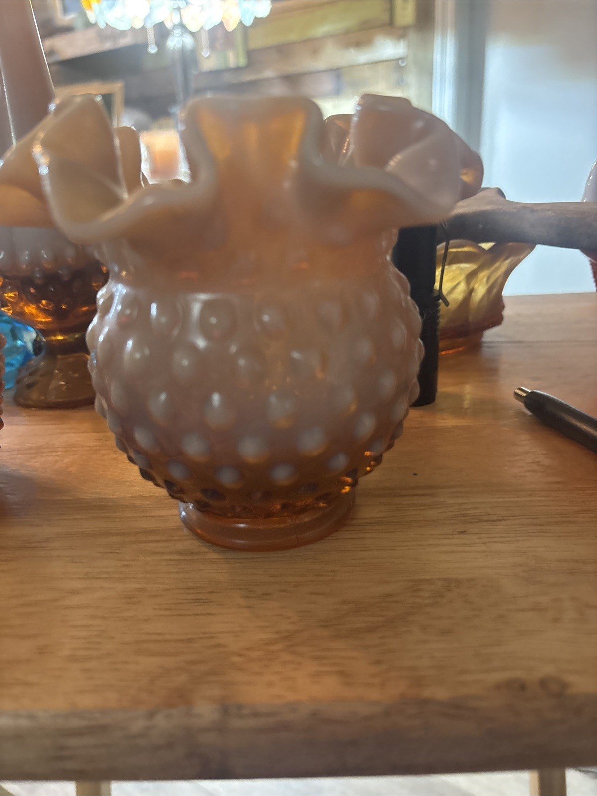 Fenton Caramel Glass Opalescent Ruffled Hobnail Glass Vase