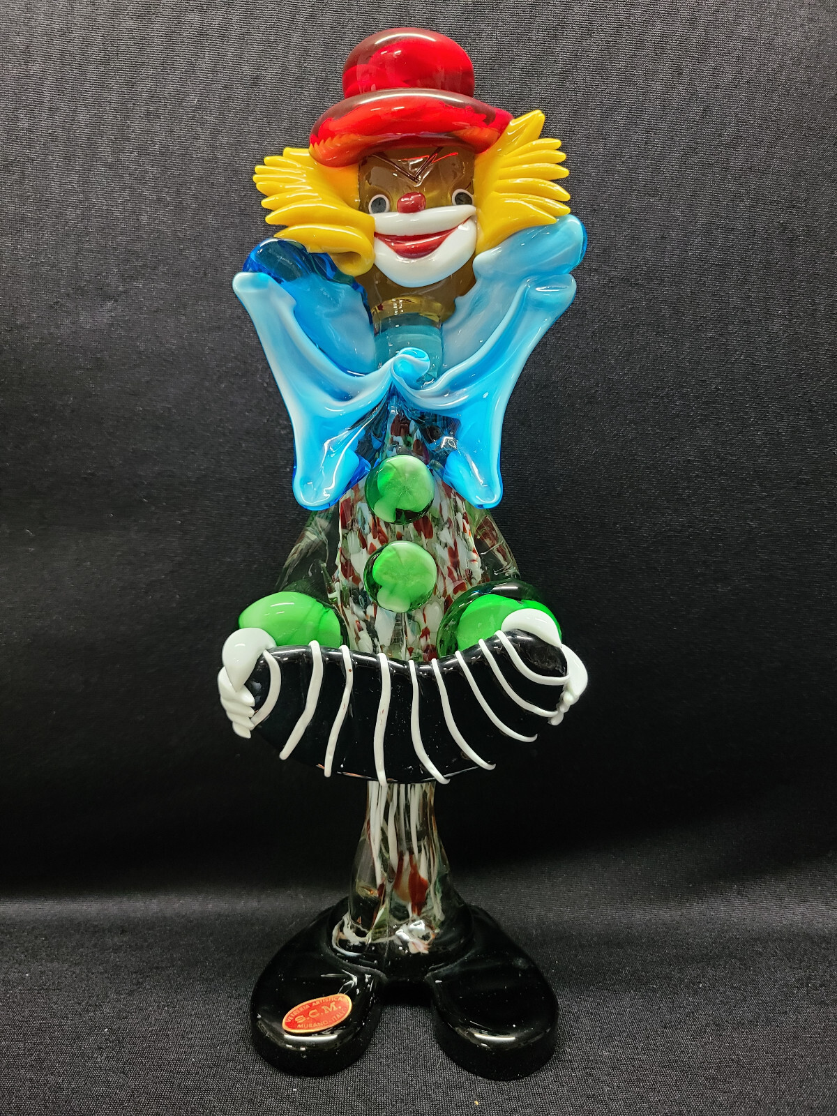 Vintage 14 Inch Multicolor Murano Glass Musician Clown Holding Accordion
