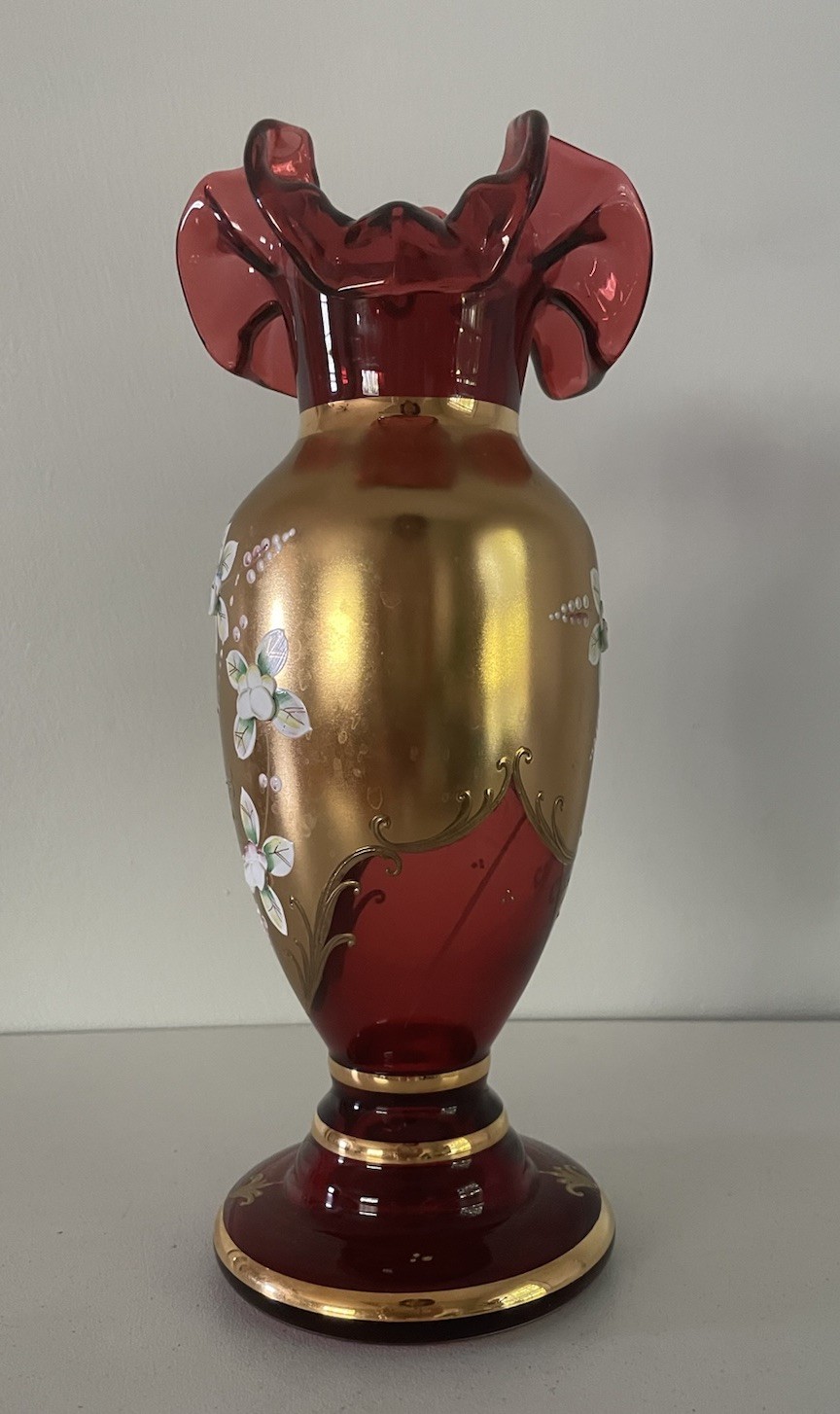 Czech Bohemia Crystal Egermann Red Glass Vase Gold Hand Painted Signed w Cert