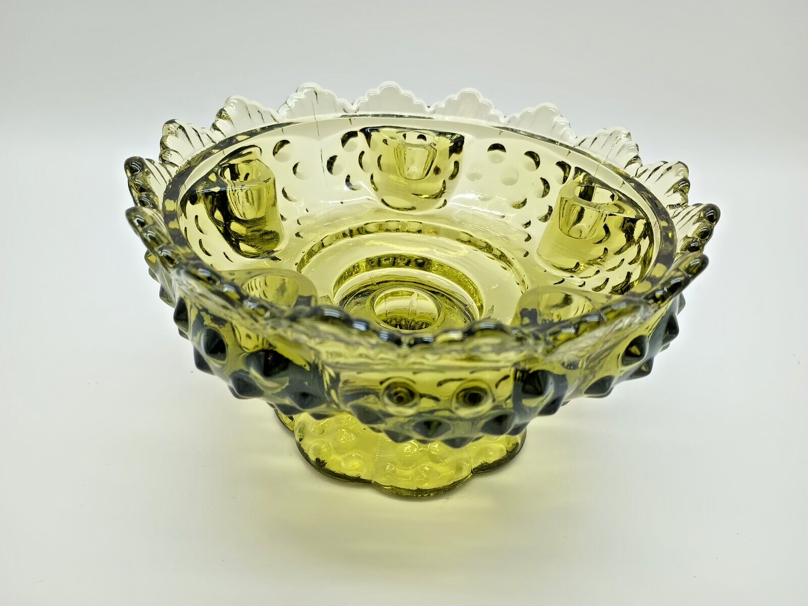 Vtg Fenton Laced-Edge Olive Green Glass Hobnail Centerpiece Candle Holder Bowl