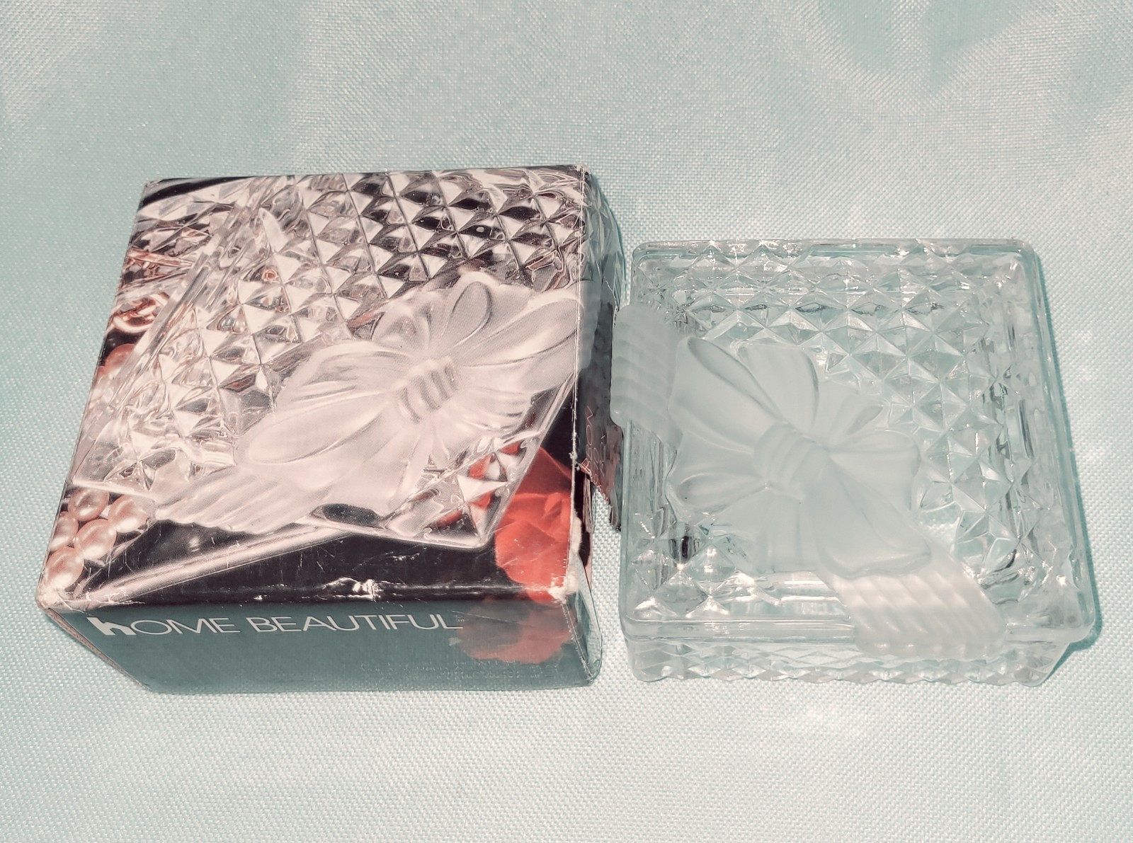 VTG “Home Beautiful” Crystal Glass Square Jewelry Trinket Box 3.25″