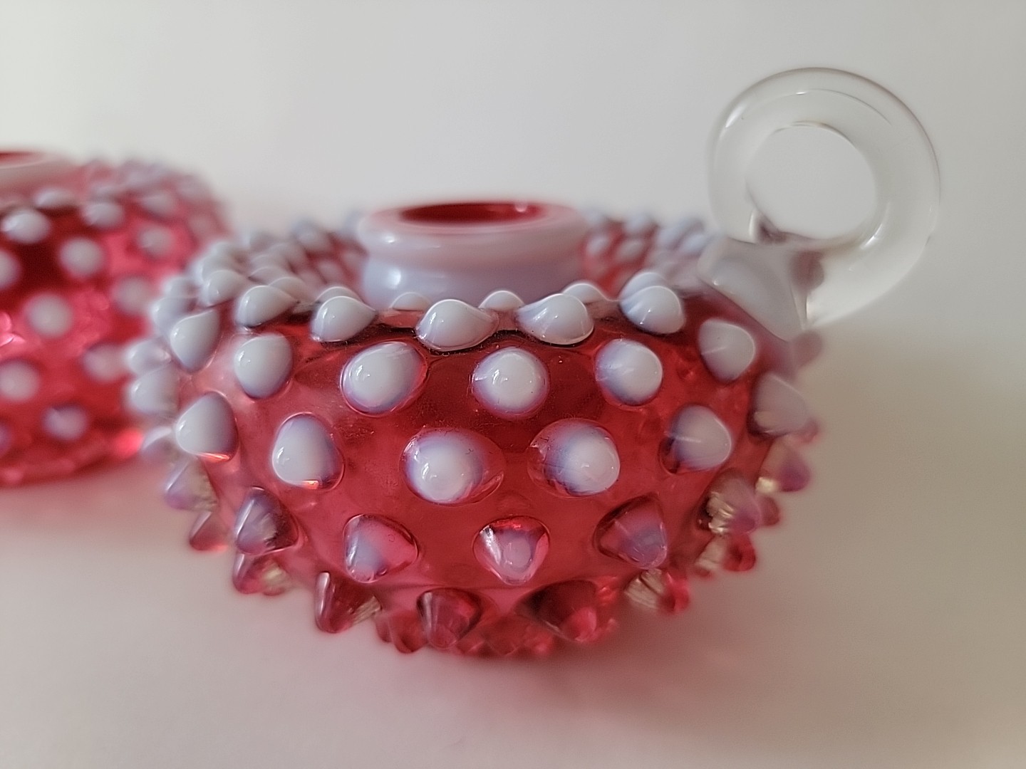 2 Vintage Fenton Cranberry Hobnail Opalescent Candlestick Holders Finger Loop