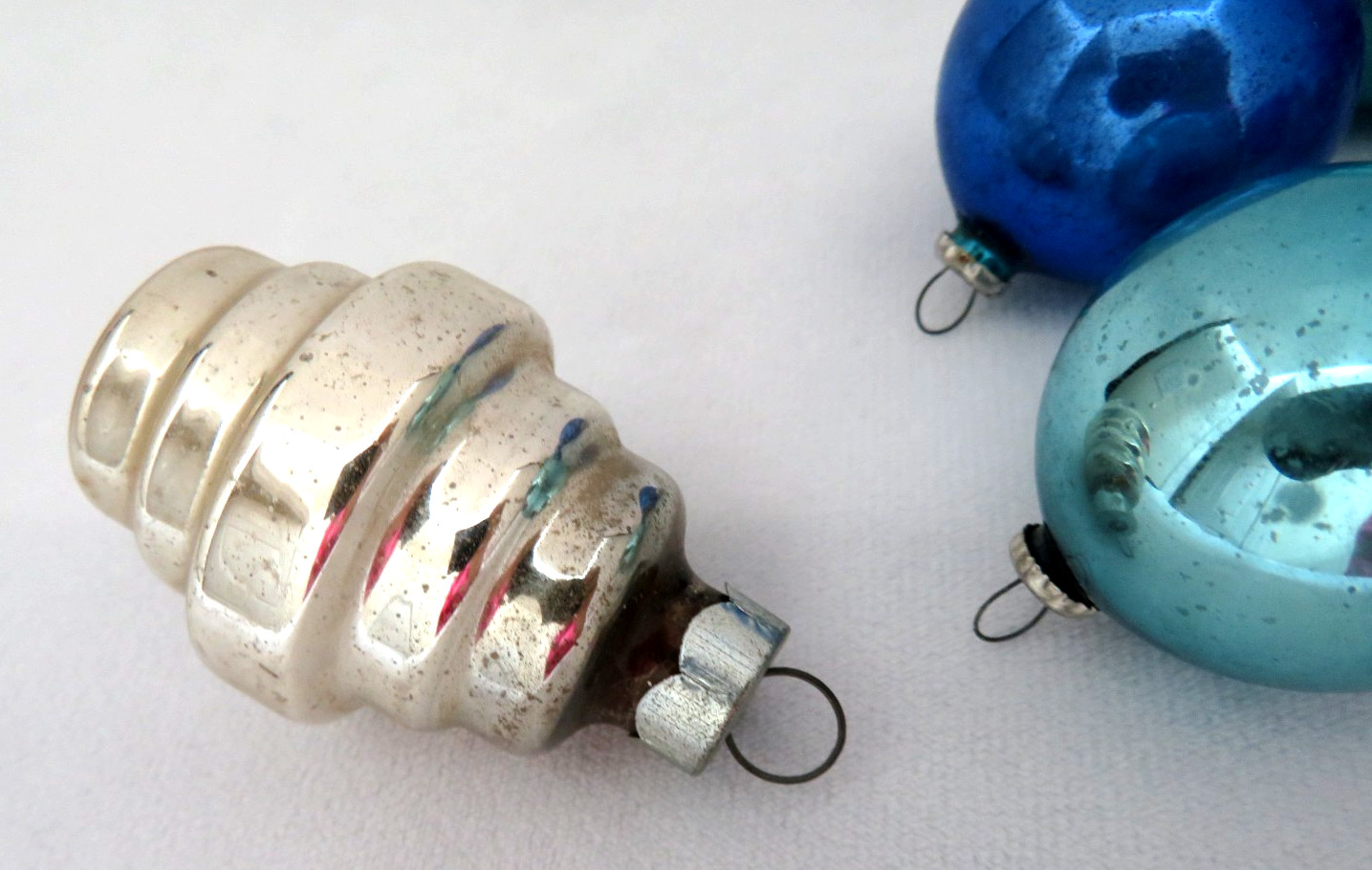 7 Piece Vintage Blue & Silver Mercury Glass Christmas Ornaments
