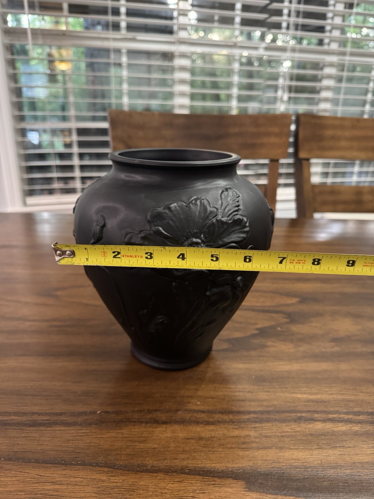 Vintage 1920s Tiffin Black Amethyst Glass Vase Poppy Design Art Nouveau 8.5”