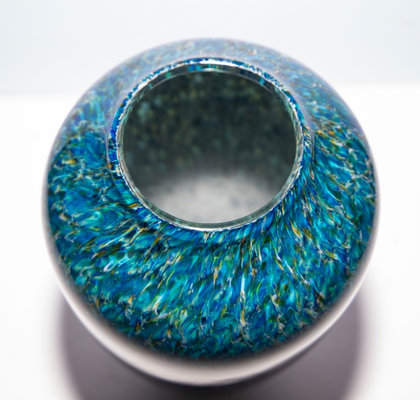 Vtg Hand Blown Art Glass Vase-Teal/Blue/Gray-Confetti Spatter- 13″-Beautiful!