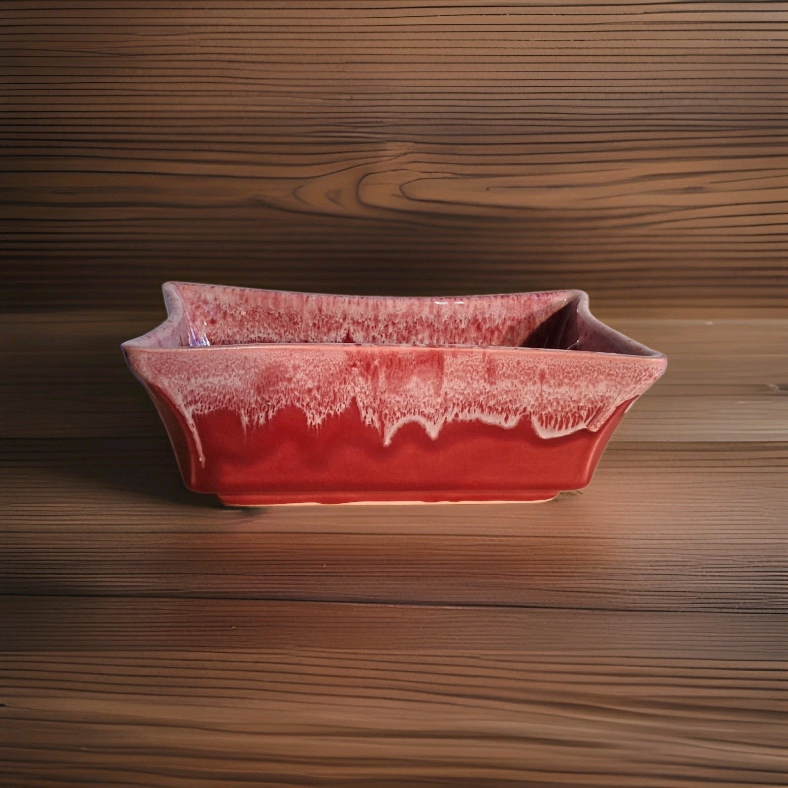 Vintage Shawnee Brush USA Pottery Rectangular Planter Red With White Drip Glaze