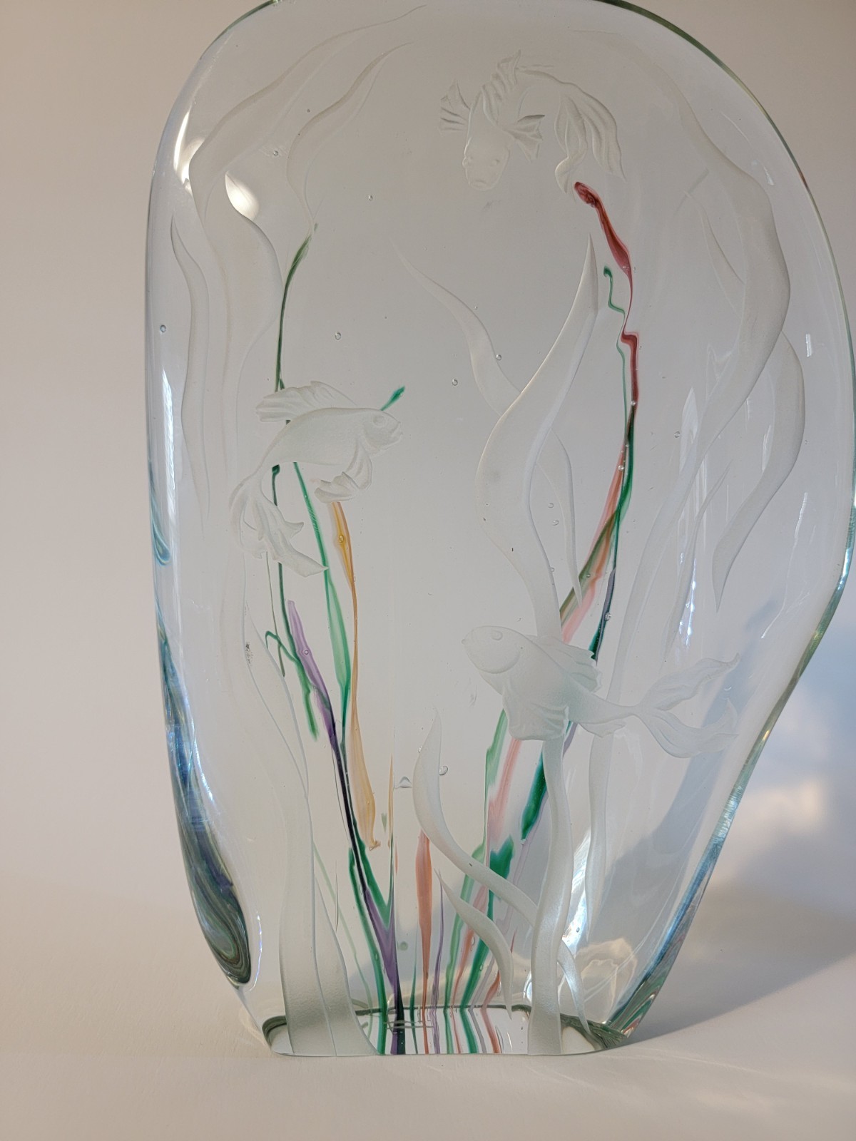 Murano style koi fish Glass Aquarium Block Sculpture Signed R. Hamon , READ D