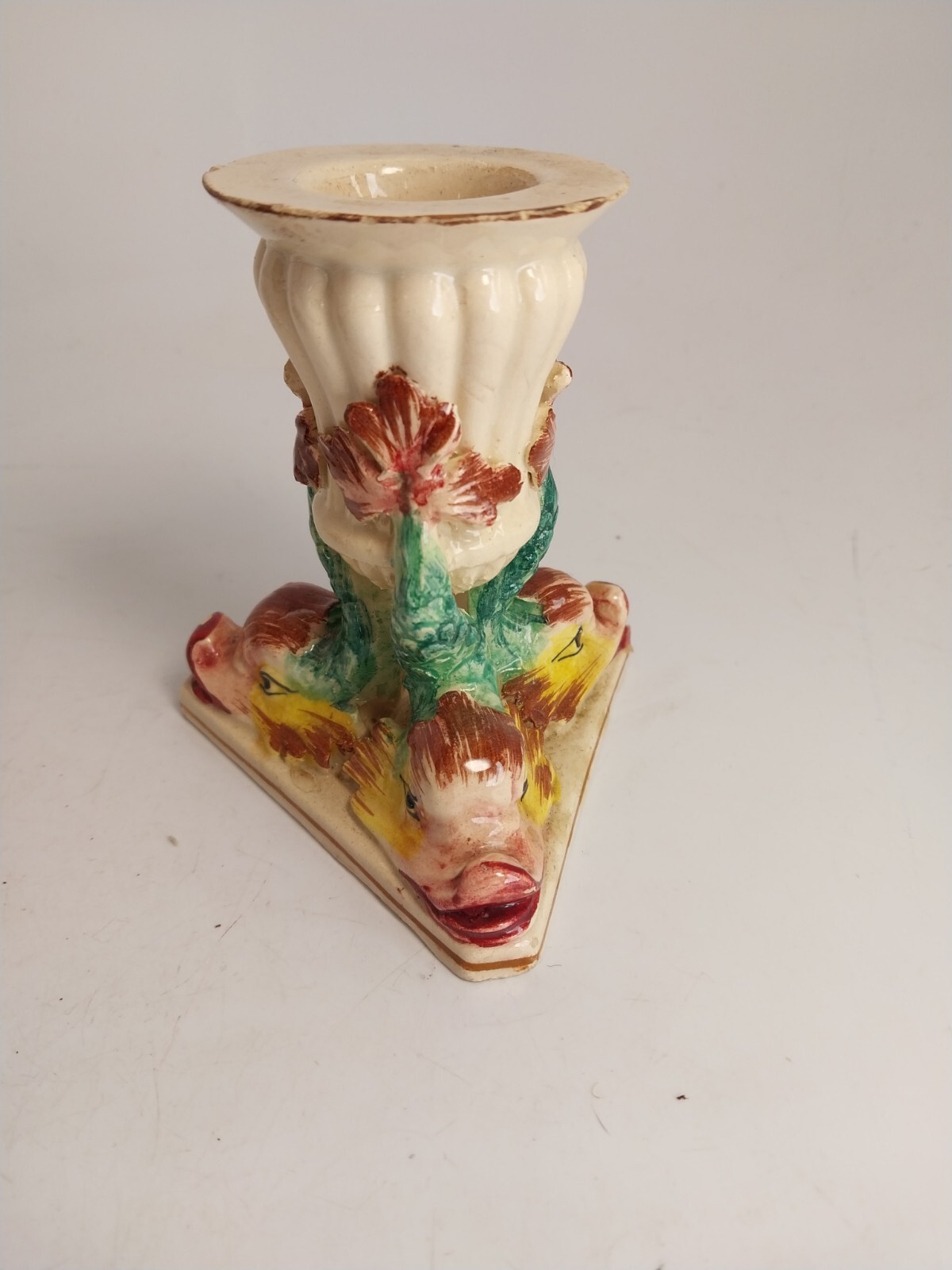 Antq Agostinelli Dal Pra Majolica Figural 3D Fish Dolphin Candlestick Pair Italy