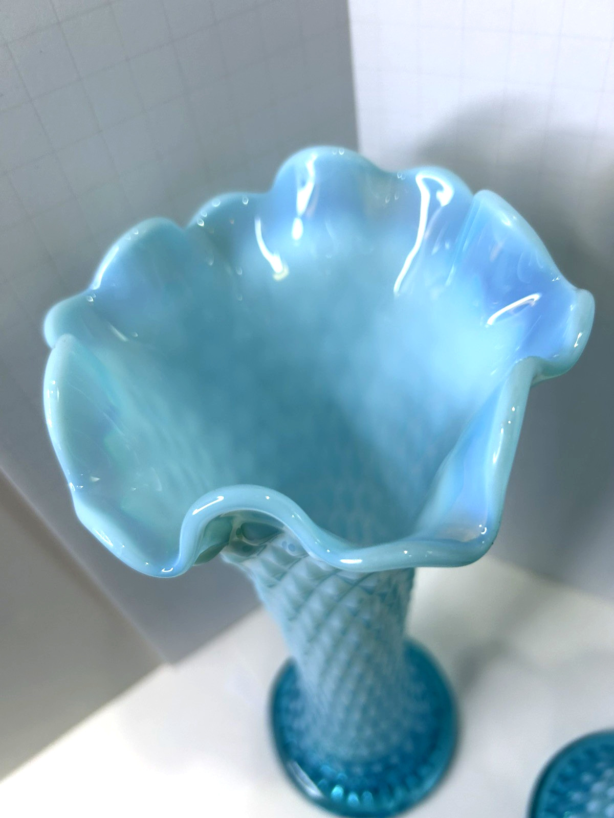 Antique Pair Northwood Diamond Point Aqua Blue Opalescent Swung Stretch Vases