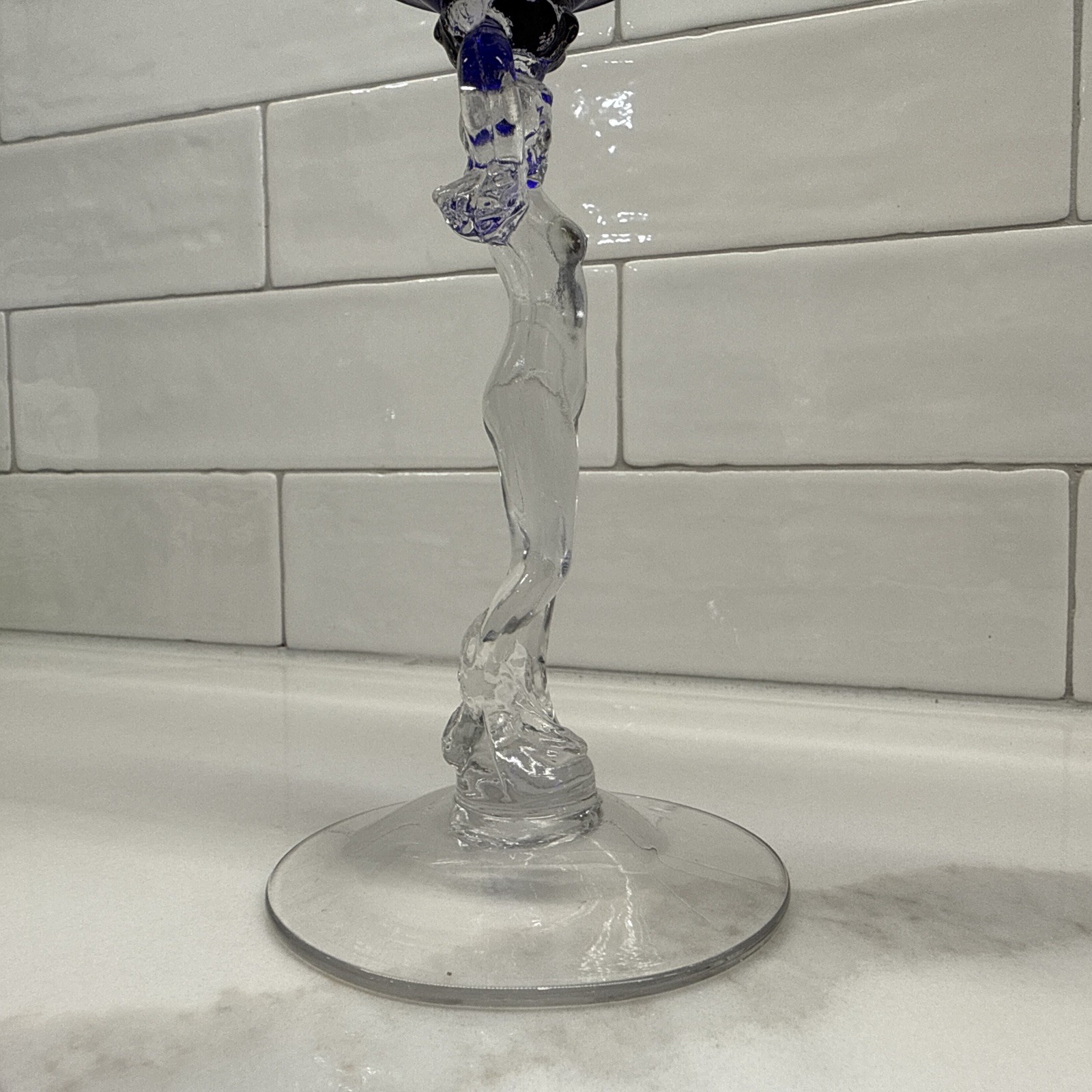 Vintage Cambridge Glass 3011 Statuesque Nude Figural Ashtray Compote Royal Blue