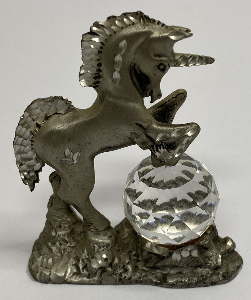 Vintage Cuter Pewter Rearing Unicorn Figurine w/ SWAROVSKI Crystal Ball
