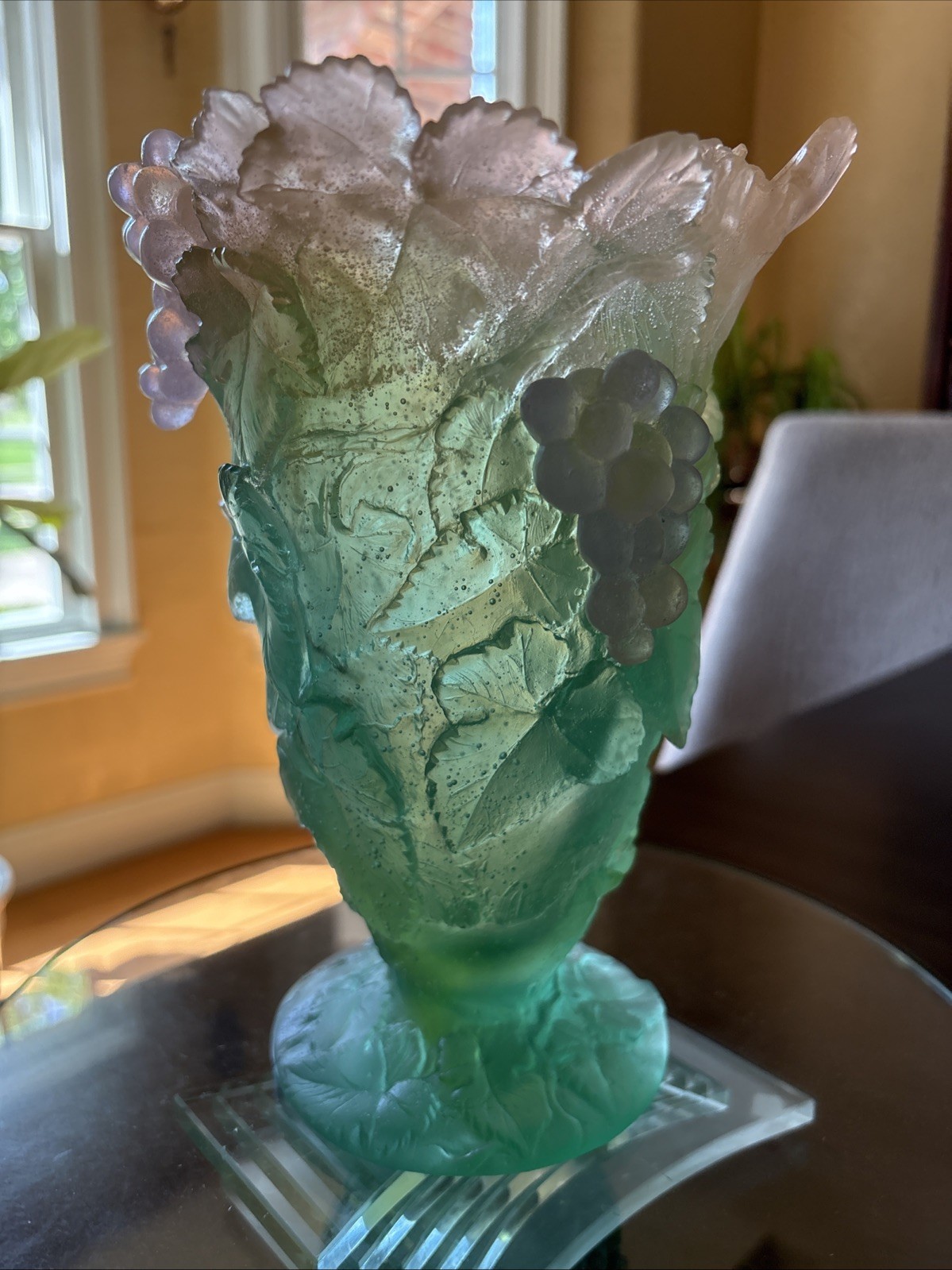 Daum Pate de Verre Crystal Grapevine and Grapes Footed Vase-9”-MINT condition