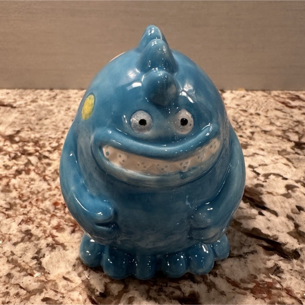 Unmarked Blue Ceramic Monster Figurine, Polka Dot, Glossy Finish