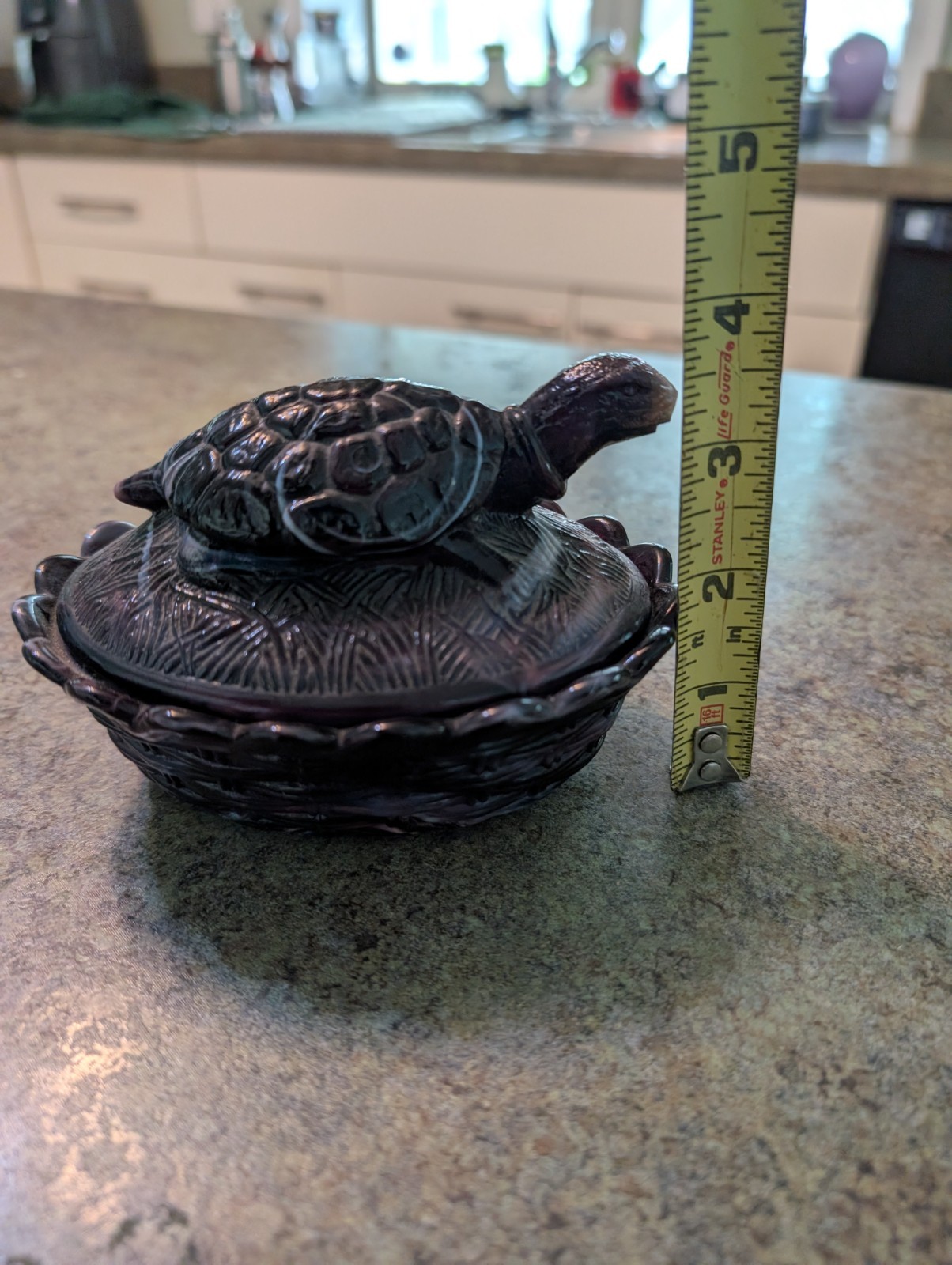 RARE Adorable Amethyst Slag Glass Turtle On Basket Glass Dish Basket Weave