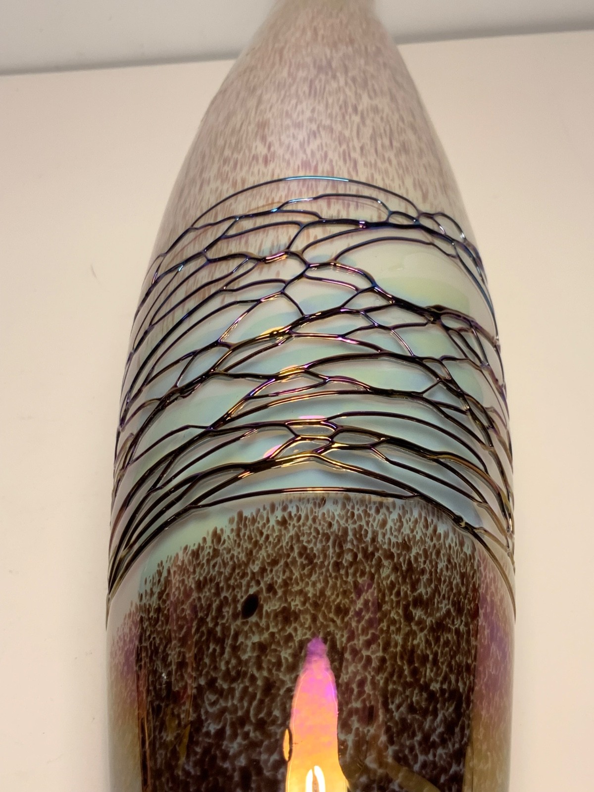 Vintage Pink & White Iridescent Cased Glass Vase 15.75 in.