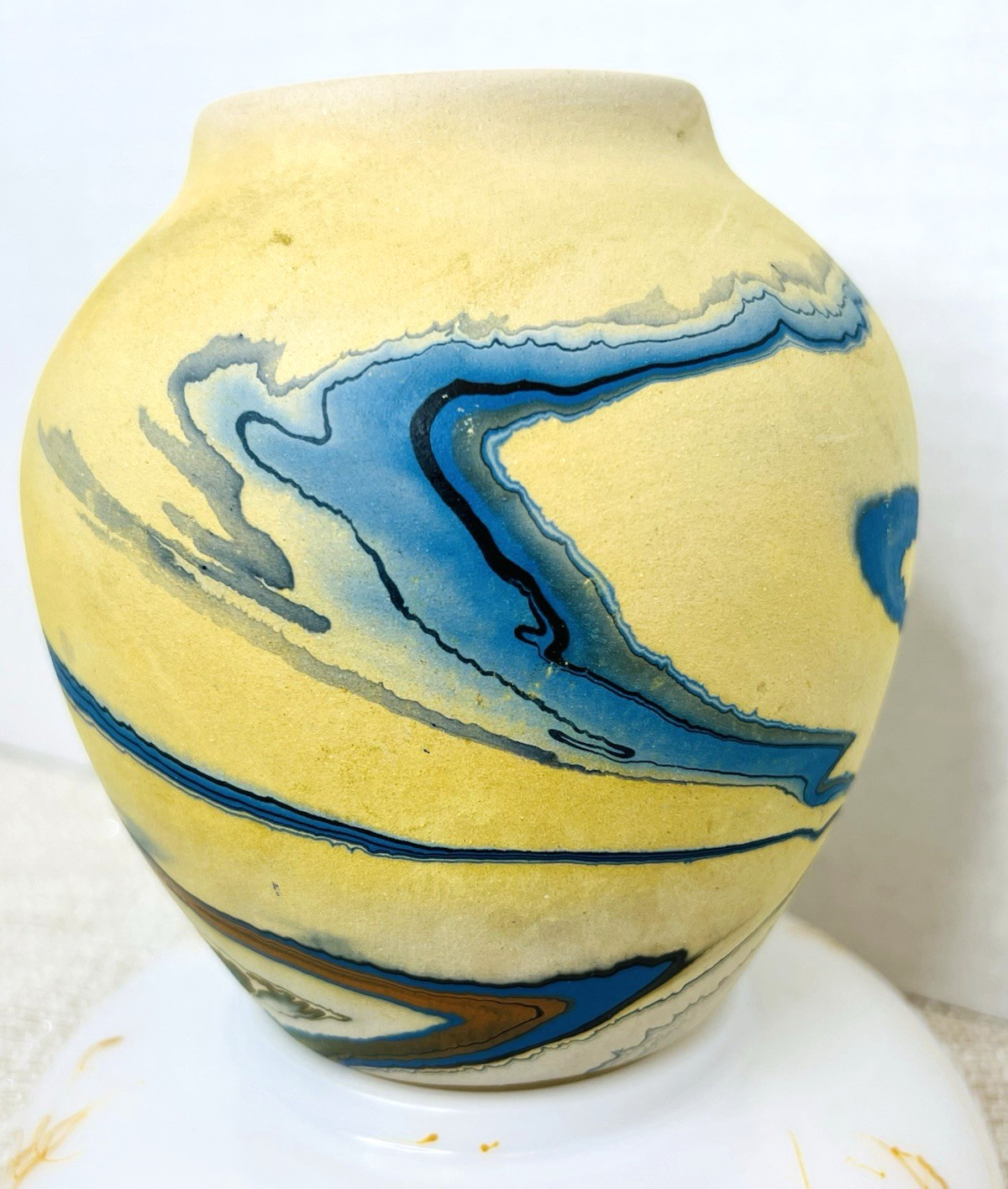Vtg Nemadji Handmade Swirl Pottery Clay Vase Blue Orange Rust USA 5” Tall Vessel