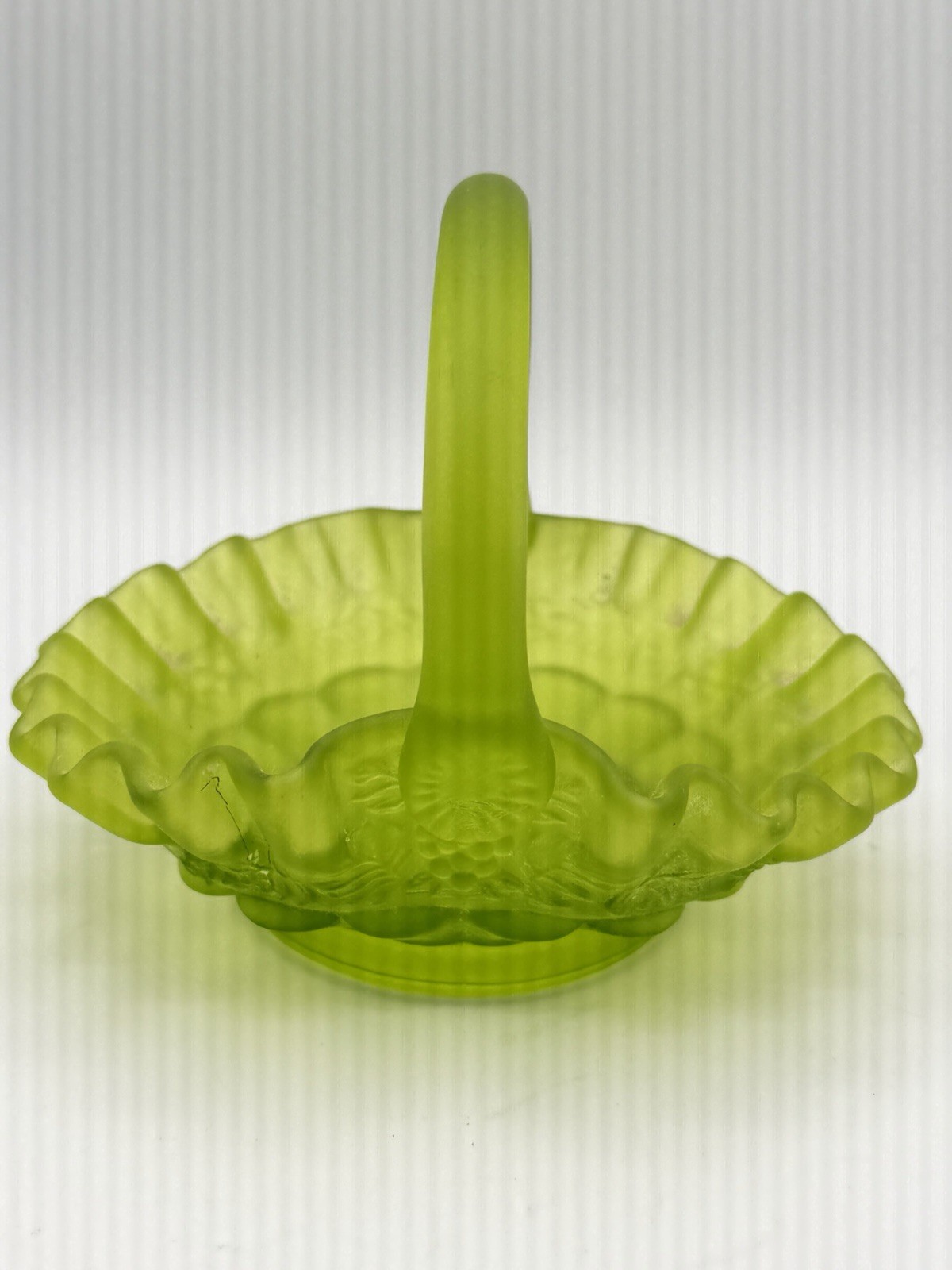 Westmoreland Frosted Green Glass Basket Handle Ruffled Rim Vintage Candy Dish