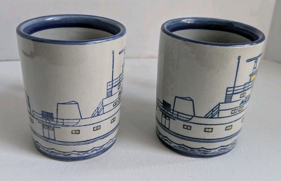Rare Louisville Stoneware Pottery ACBL Advertising Fish Troller Barge 2 Mugs