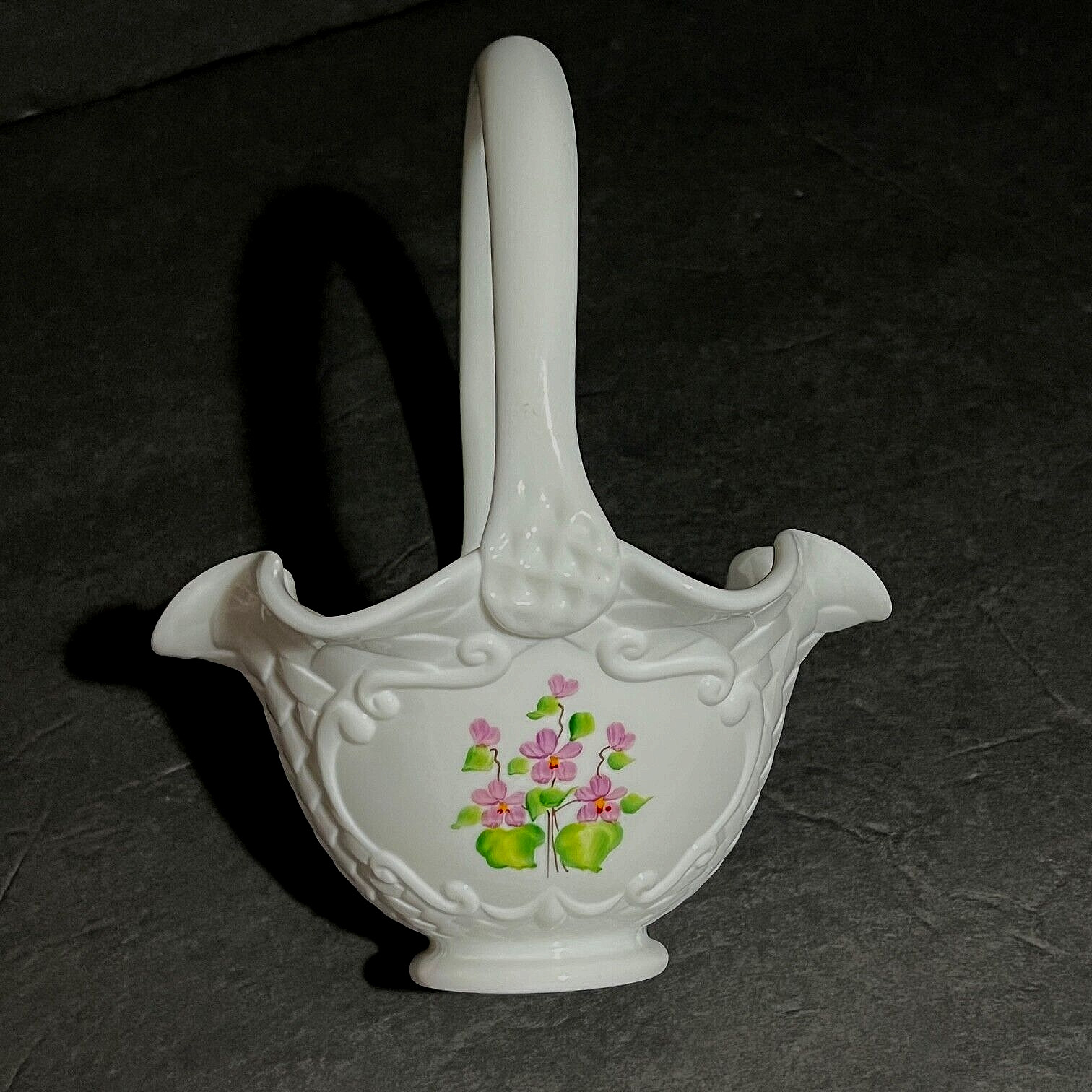 Vtg Fenton Milk Glass Basket Hand Painted Signed Weave Design Violets in Snow