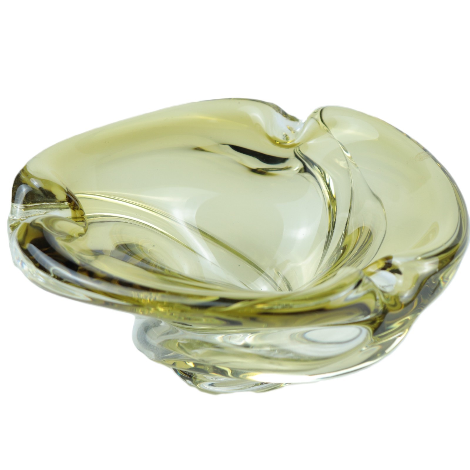 Murano Art Glass Ashtray Swirl Yellow Clear Heavy 5 lb Vintage Mid Century