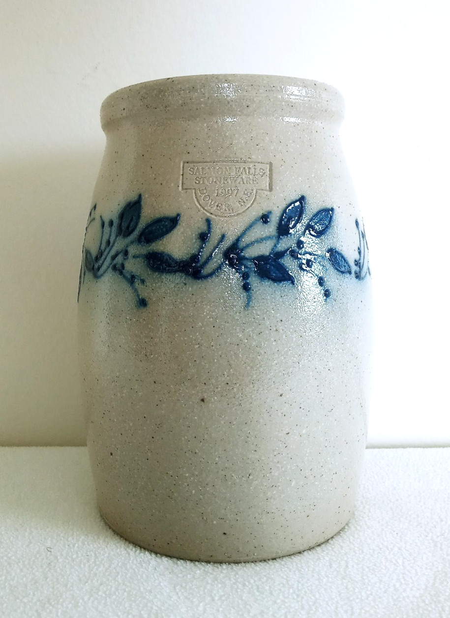 Salmon Falls New Hampshire Vase Crock 7” Salt Glaze Stoneware Blueberry Vine