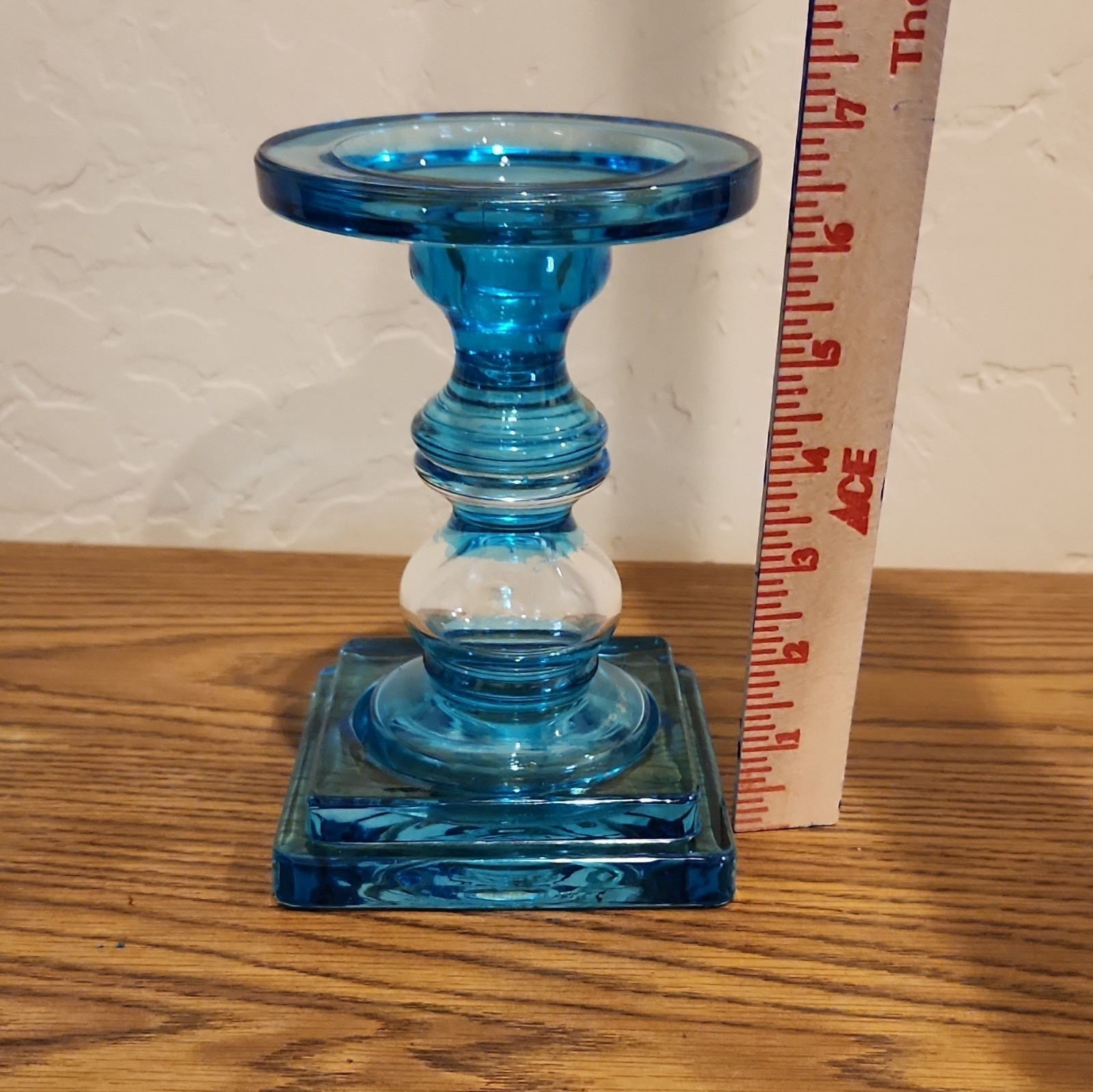 Blue & Clear Translucent Art Glass Pedestal Taper Candle Holder 7 in x 4 1/2 in