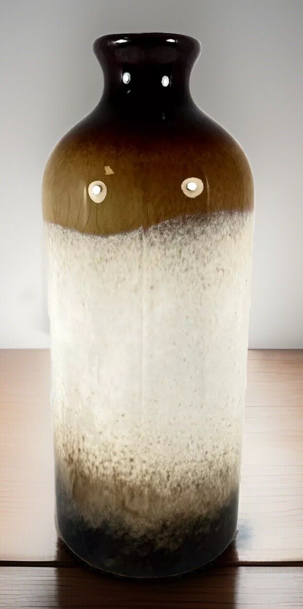 Stoneware Bottle Brown and Cream Vase Vintage Handmade Rustic 8″ Farmhouse