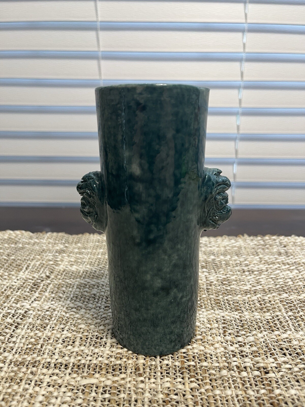 Studio Art Pottery Ceramic Teal Vase Gargoyle Foo Dog Face Double Handles Signed