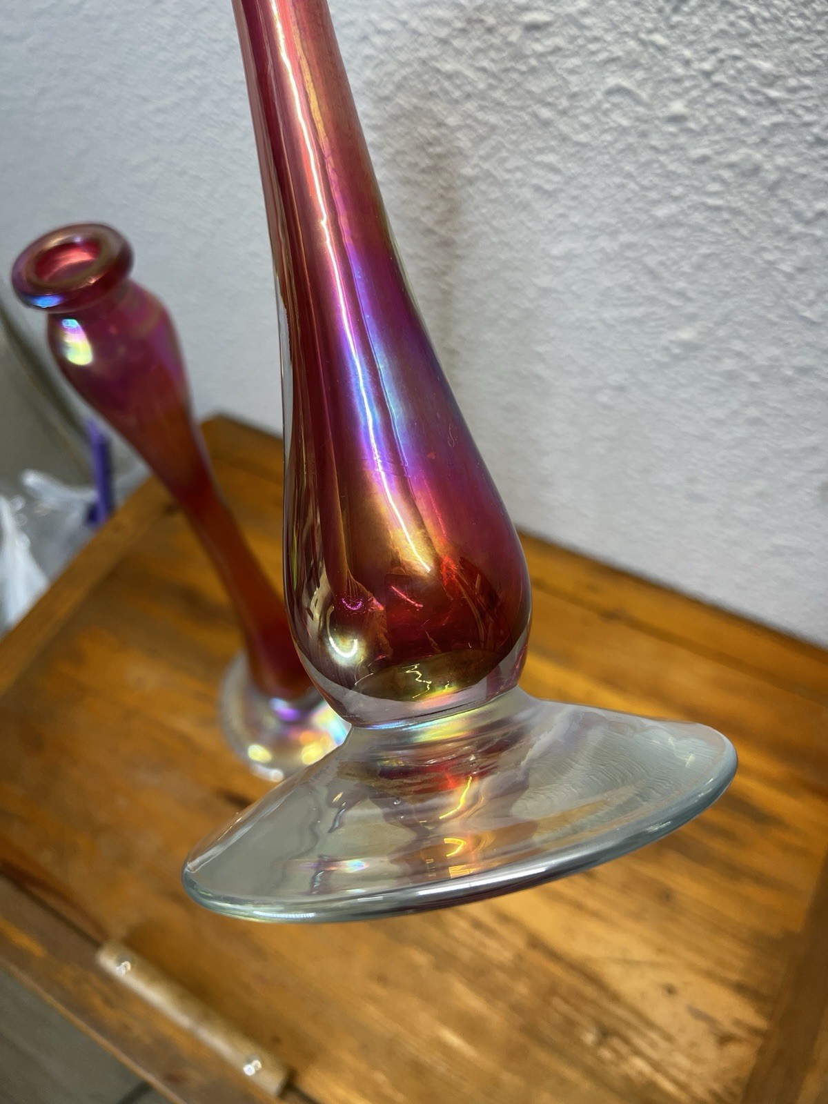 Silvestri Mouth Blown Glass Candlesticks Pink Iridescent Pair Taper Holders