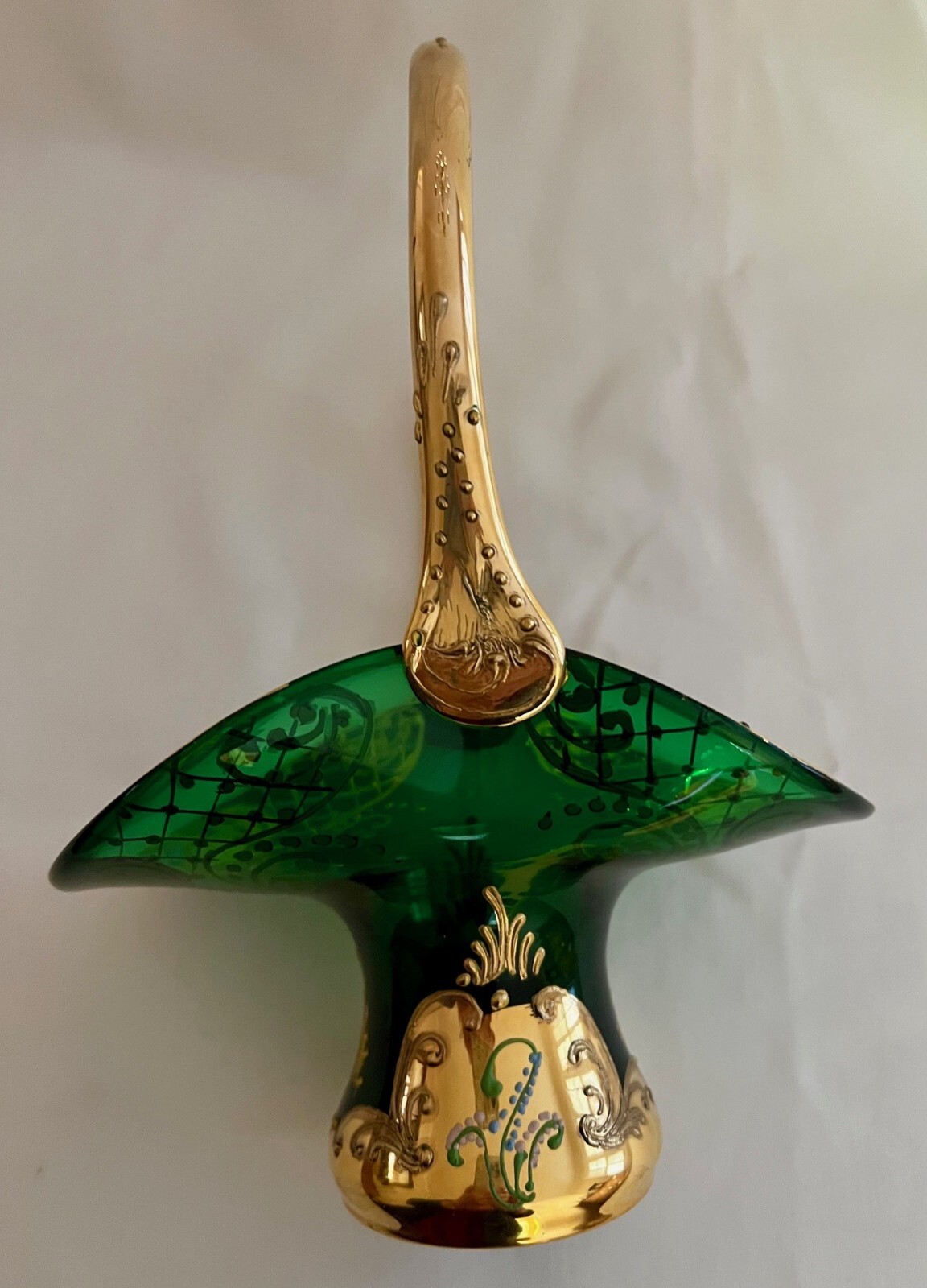 Vintage Murano “Trefouchi” Handblown Green Glass Basket /Gold Gilding /Enamel