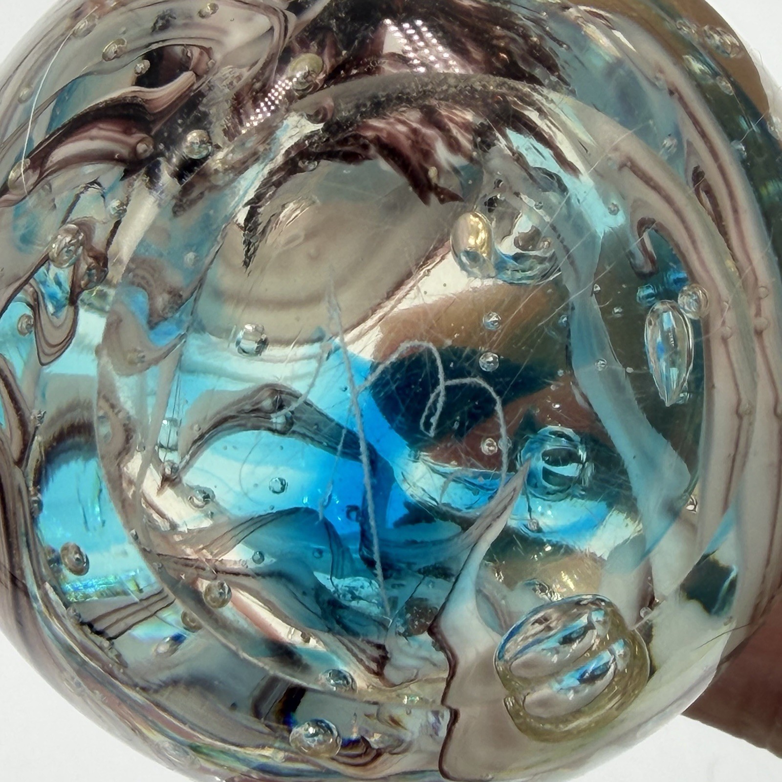 Vintage Signed Art Glass Paperweight Purple Blue Swirl Control Bubbles 2.5” UV