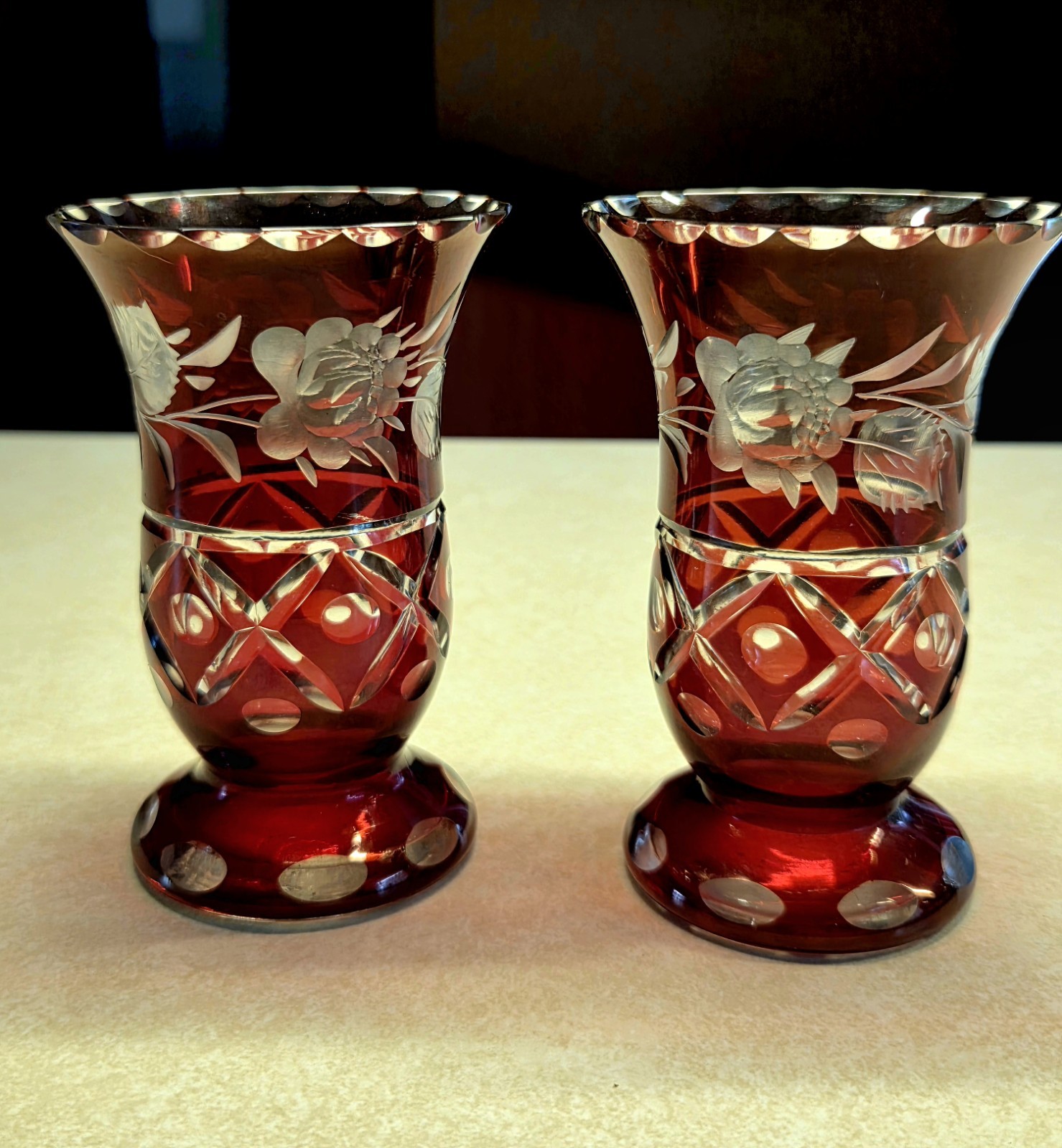 Vintage Bohemian Ruby Red Cut to Clear Crystal Bud Vases Hand Blown Egermann…
