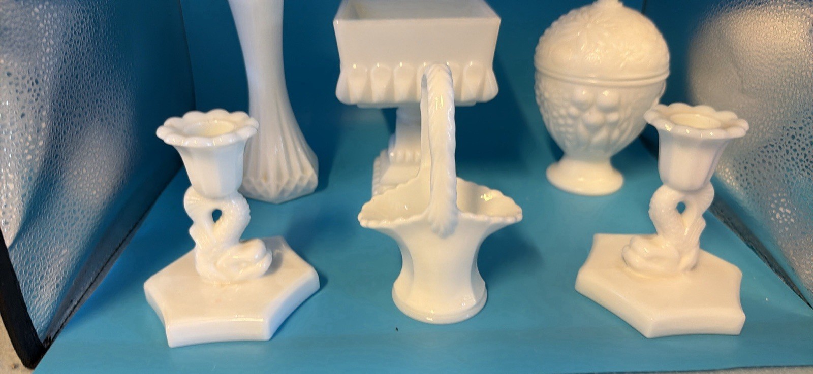 Vintage White Milk Glass Lot Bud Vase Covered candy Jar Compote Candle Holders