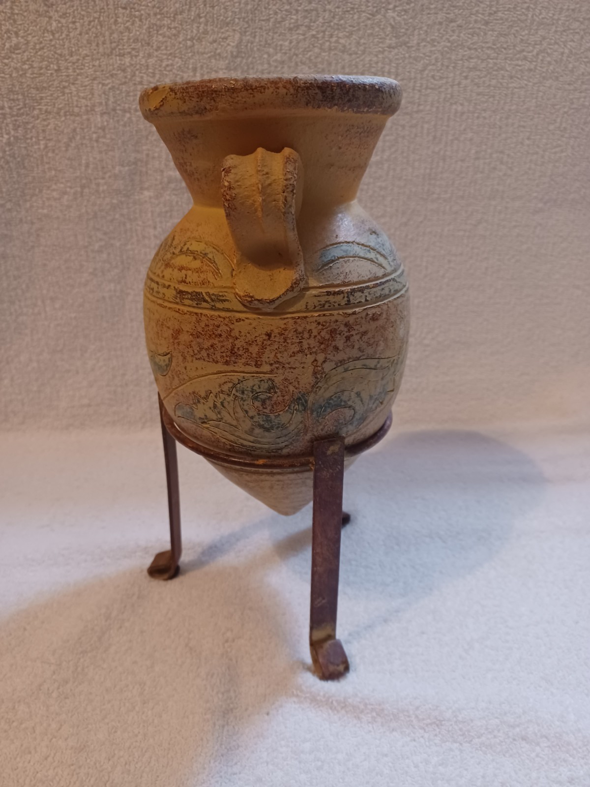 RUSTIC CERAMIC AMPHORA Vase With Metal Stand 11.5″ Mediterranean Pottery. A-23