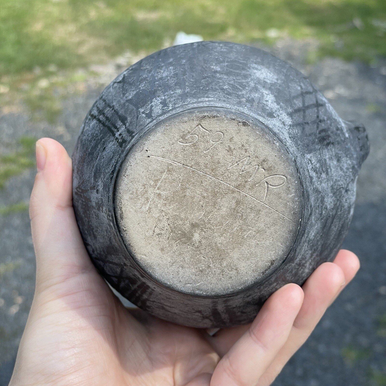 Vintage 20th C. Black on Blackware Pottery Romania Folk Art Two Handled Vase