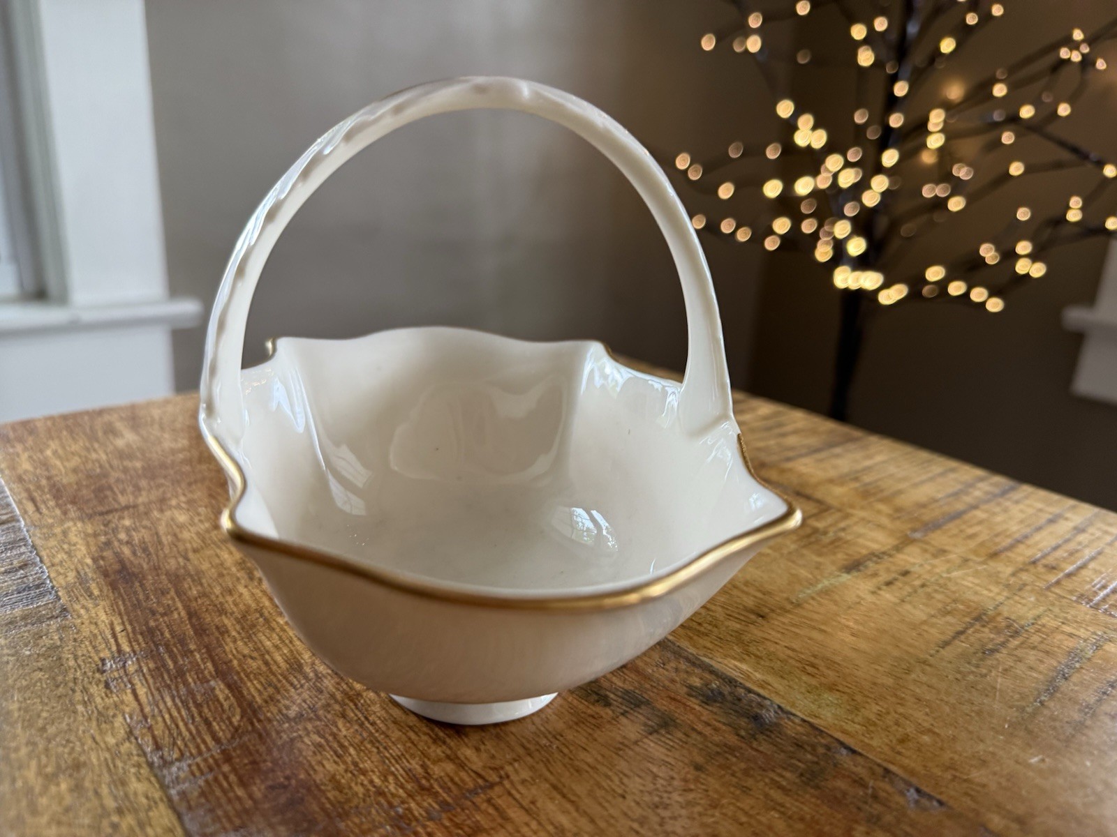 Lenox Basket With Handle San Souci Collection Ivory Oval Porcelain Gold USA Vtg