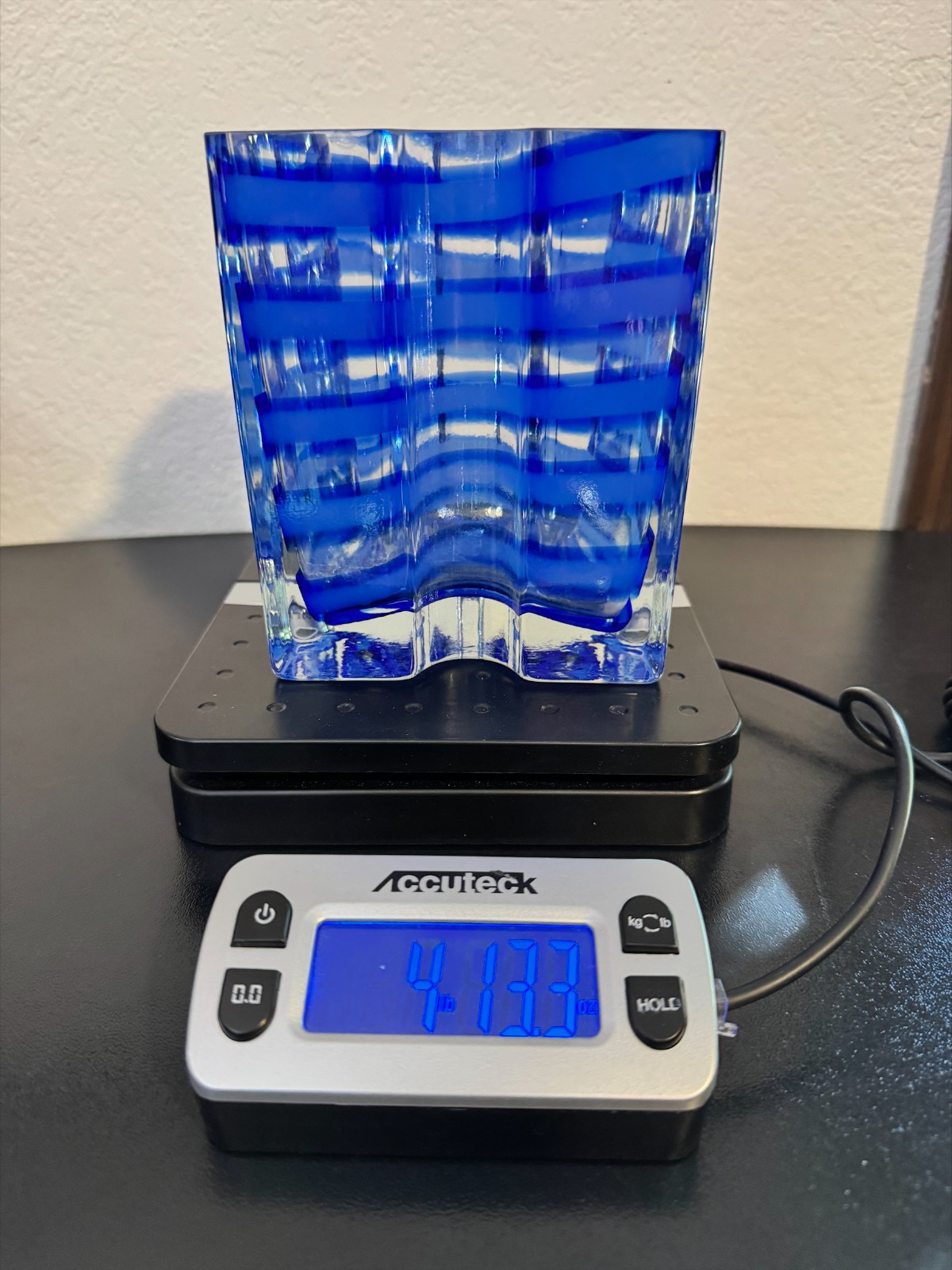 4.8lb Murano Style Cobalt Blue & Clear Art Glass Vase Thick Layered Modern Heavy