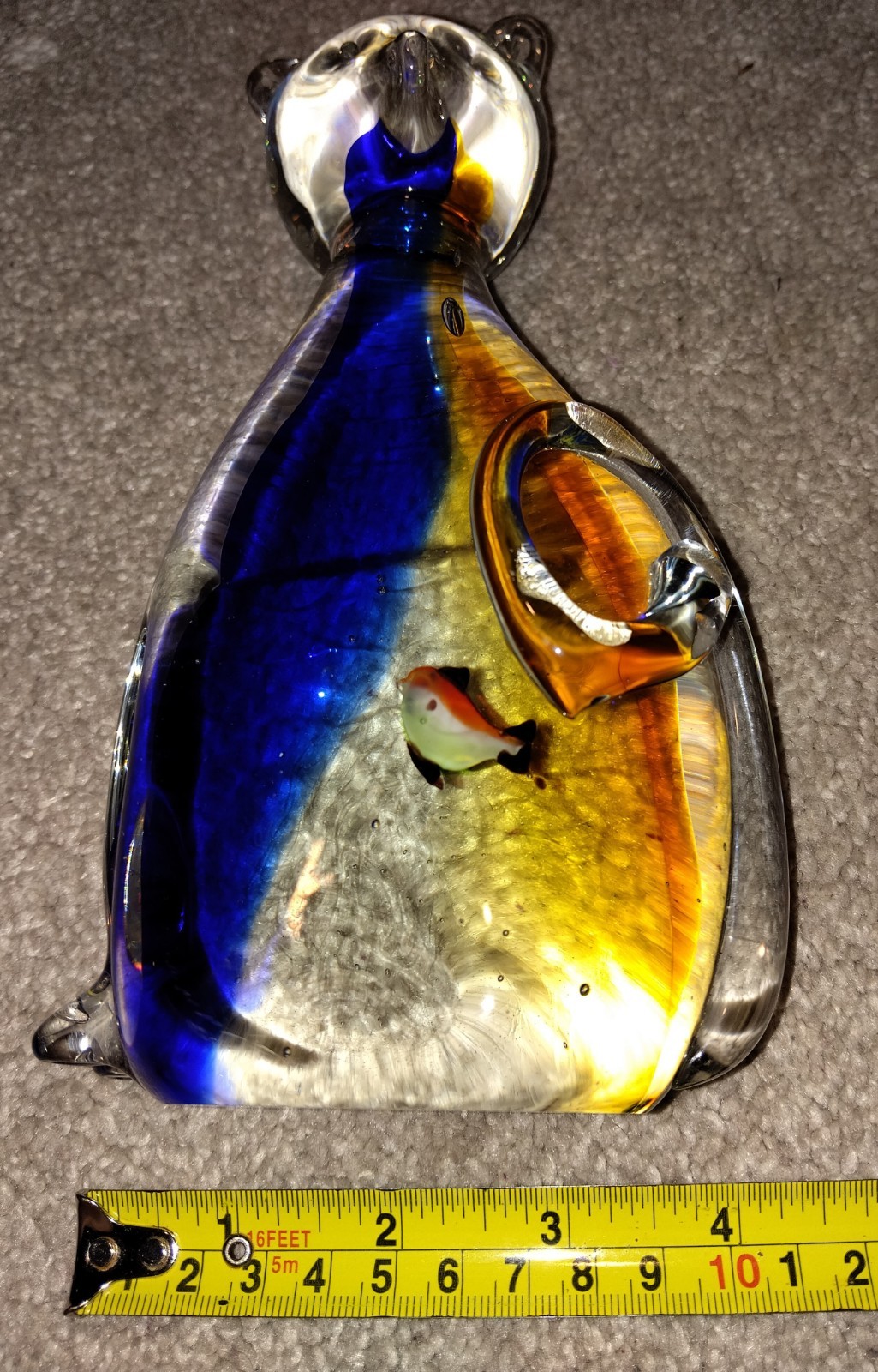 Vtg Murano Glass Cat Figurine fish inside clear blue orange heavy