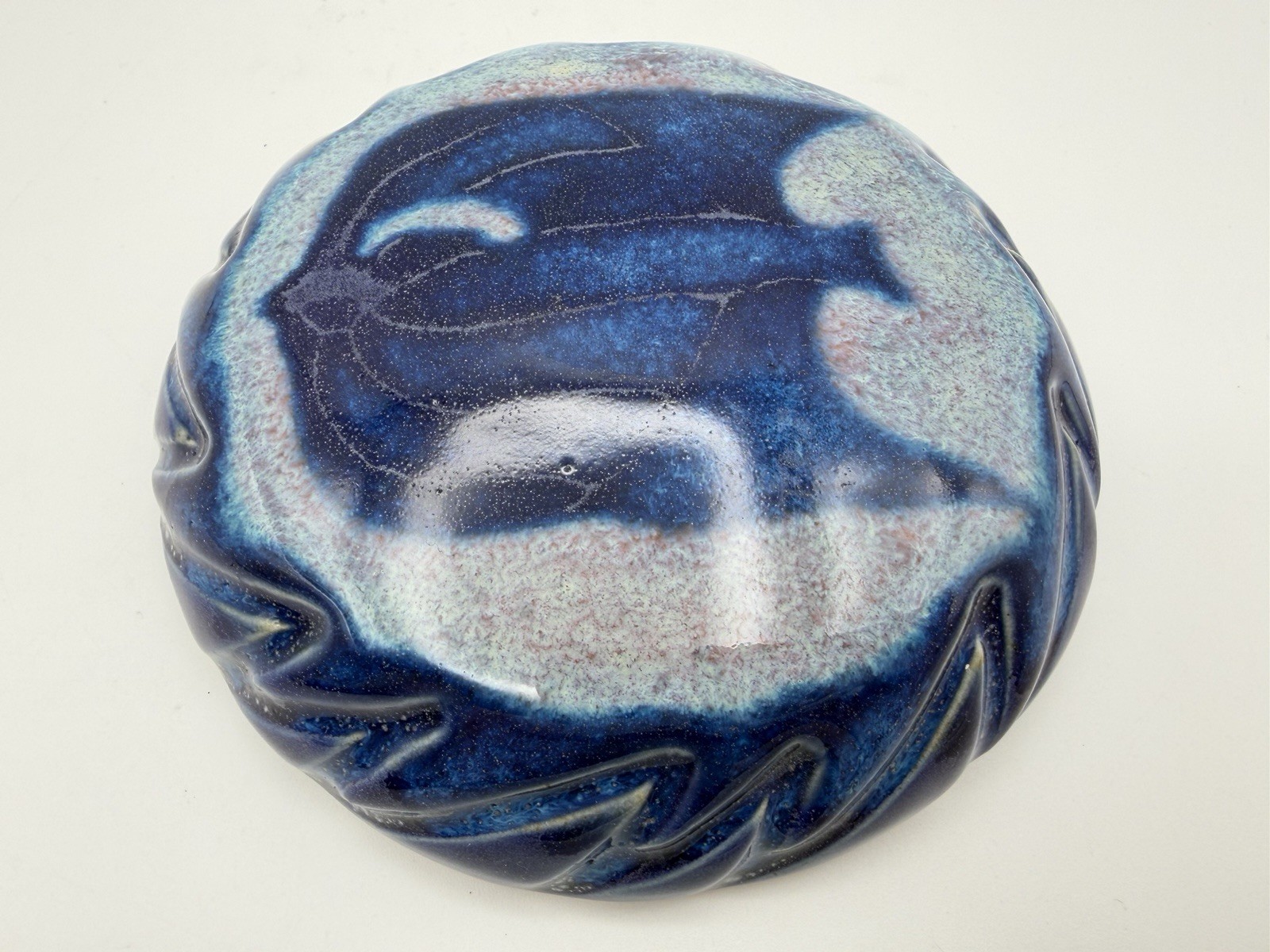 Studio Art Pottery Blue Glazed Lidded Trinket Box with Fish 4.5” Signed Susan