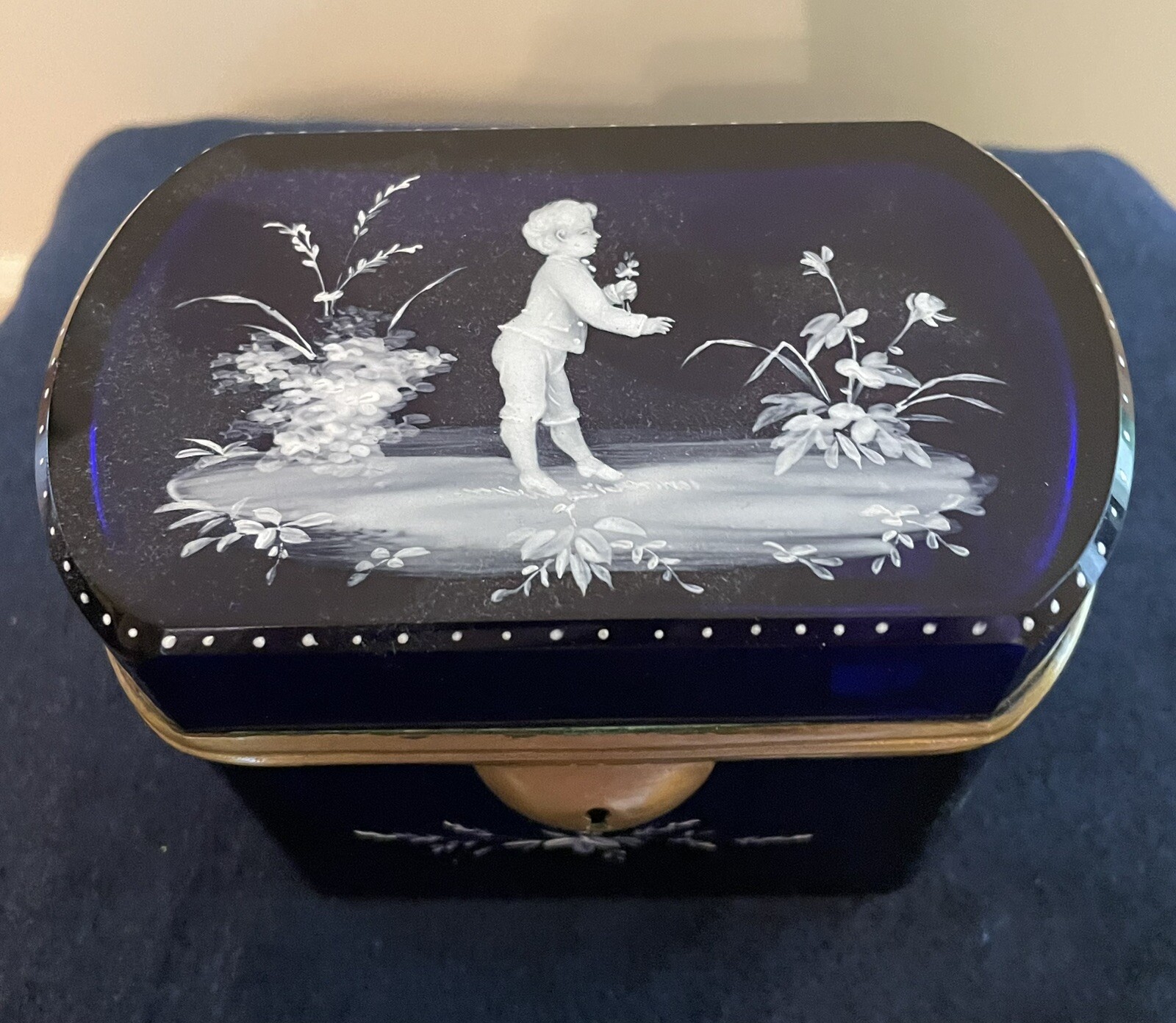 Antique Mary Gregory Cobalt Blue Casket Jewelry Box