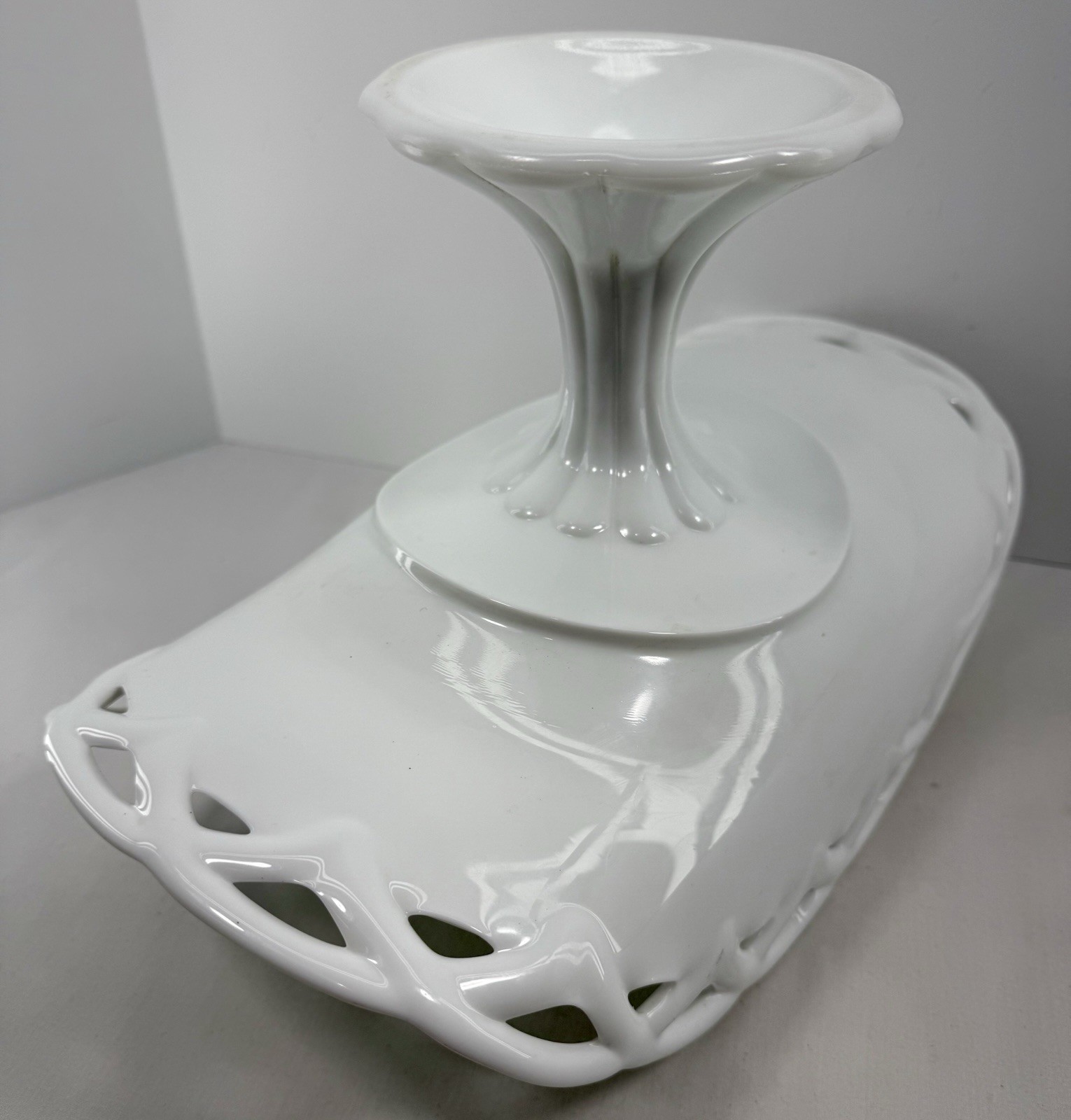 Colony Milk Glass Open Lace Pedestal Compote Fruit Bowl 13.75” Vintage EUC