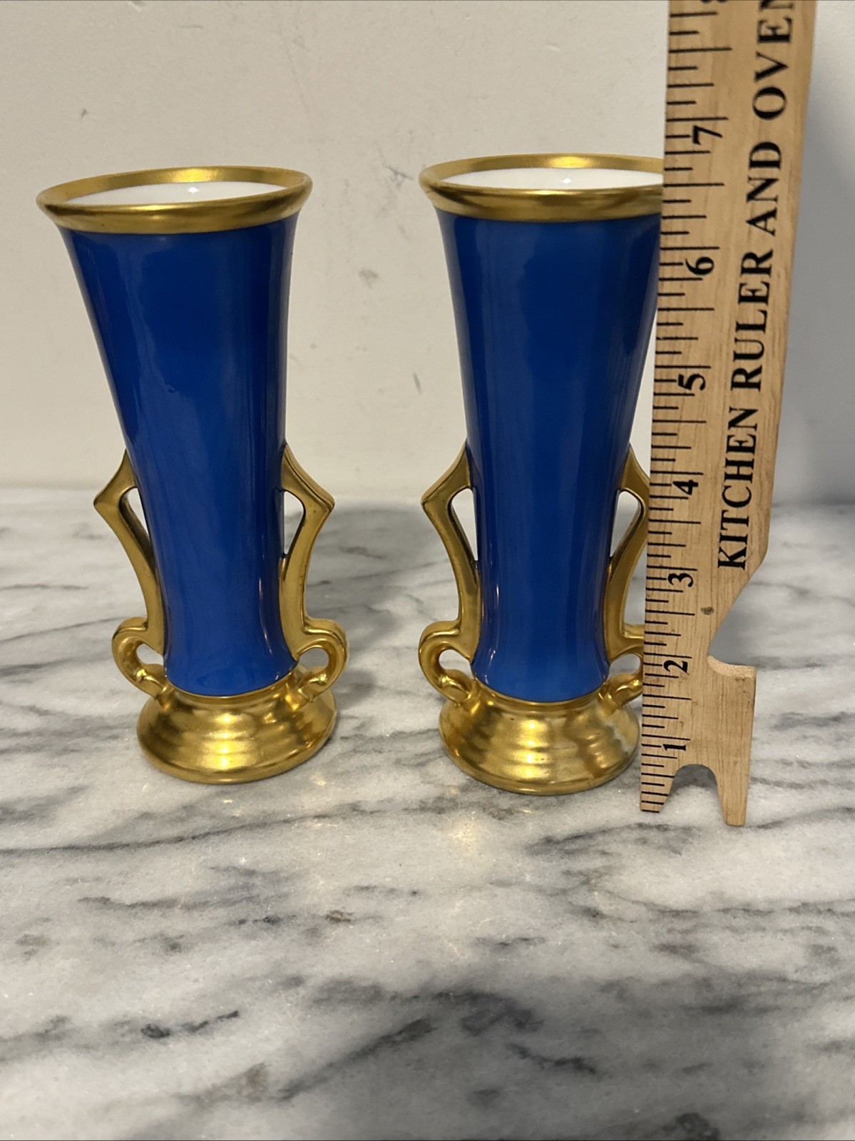 Art Nouveau Classical Revival European Set Of Two Porcelain Vases Blue With Gold