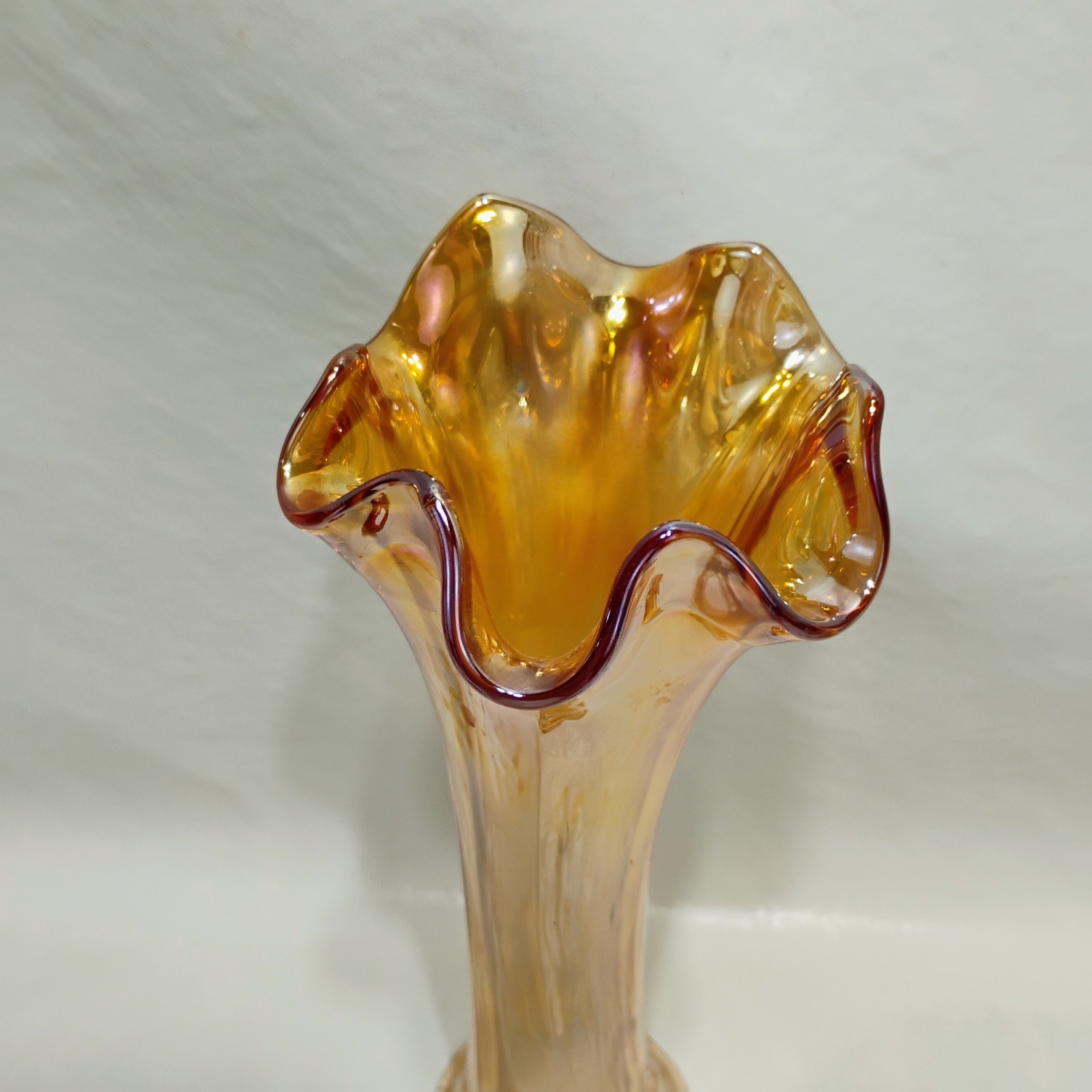 Carnival Glass Iridescent Marigold Basket with Handle & 9 Inch Vase